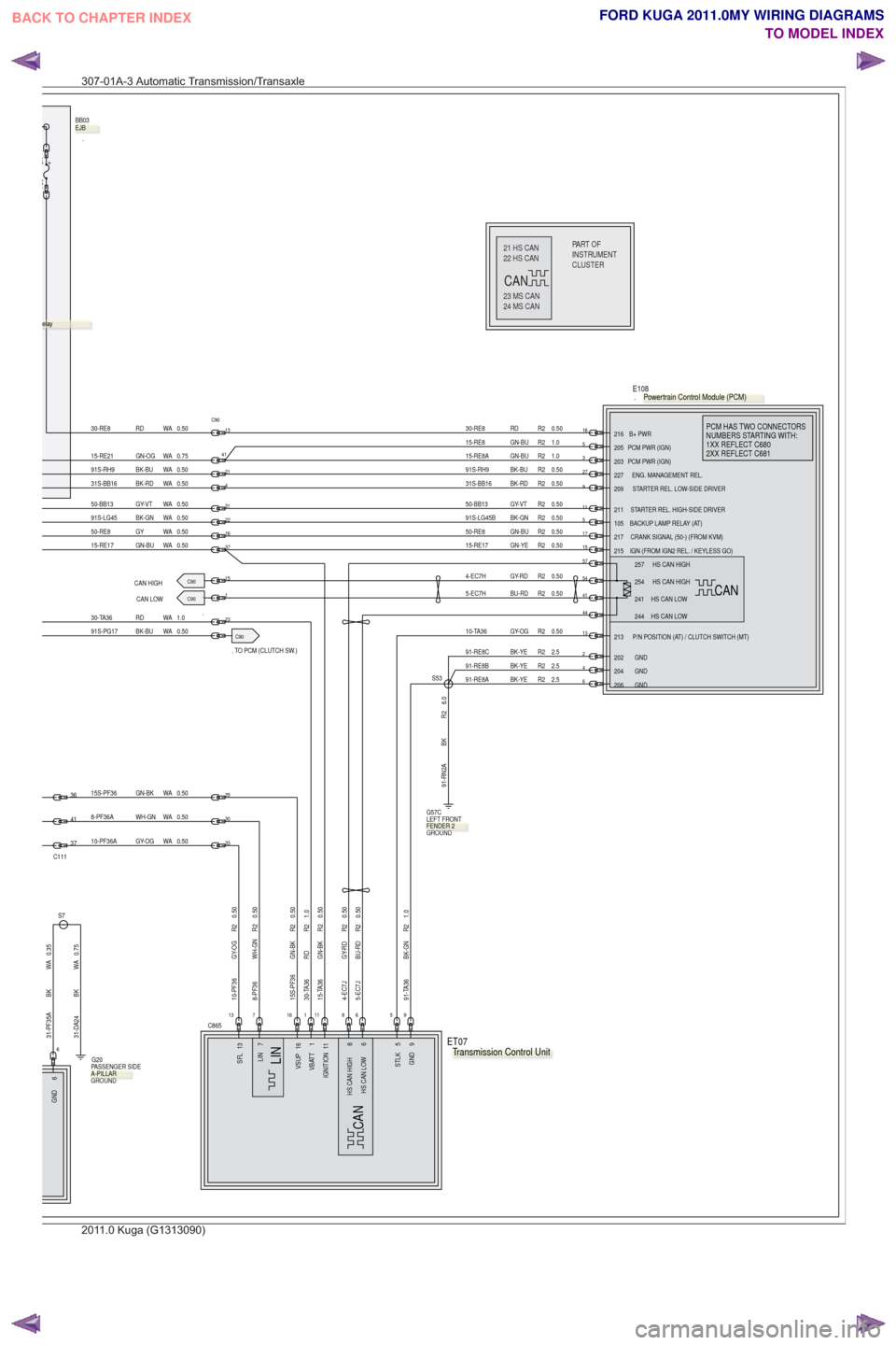 FORD KUGA 2011 1.G Wiring Diagram Workshop Manual .CAN LOW.CAN HIGH
.TO PCM (CLUTCH SW.)
CLUSTER INSTRUMENT PA R T O F
24 MS CAN
23 MS CAN 22 HS CAN 21 HS CAN
CAN
CLUSTERINSTRUMENTPARPPTOF
24MSCAN23MSCAN
22HSCAN21HSCAN
CAN
6
6GND
0.50
WA
GY-OG
10-PF3