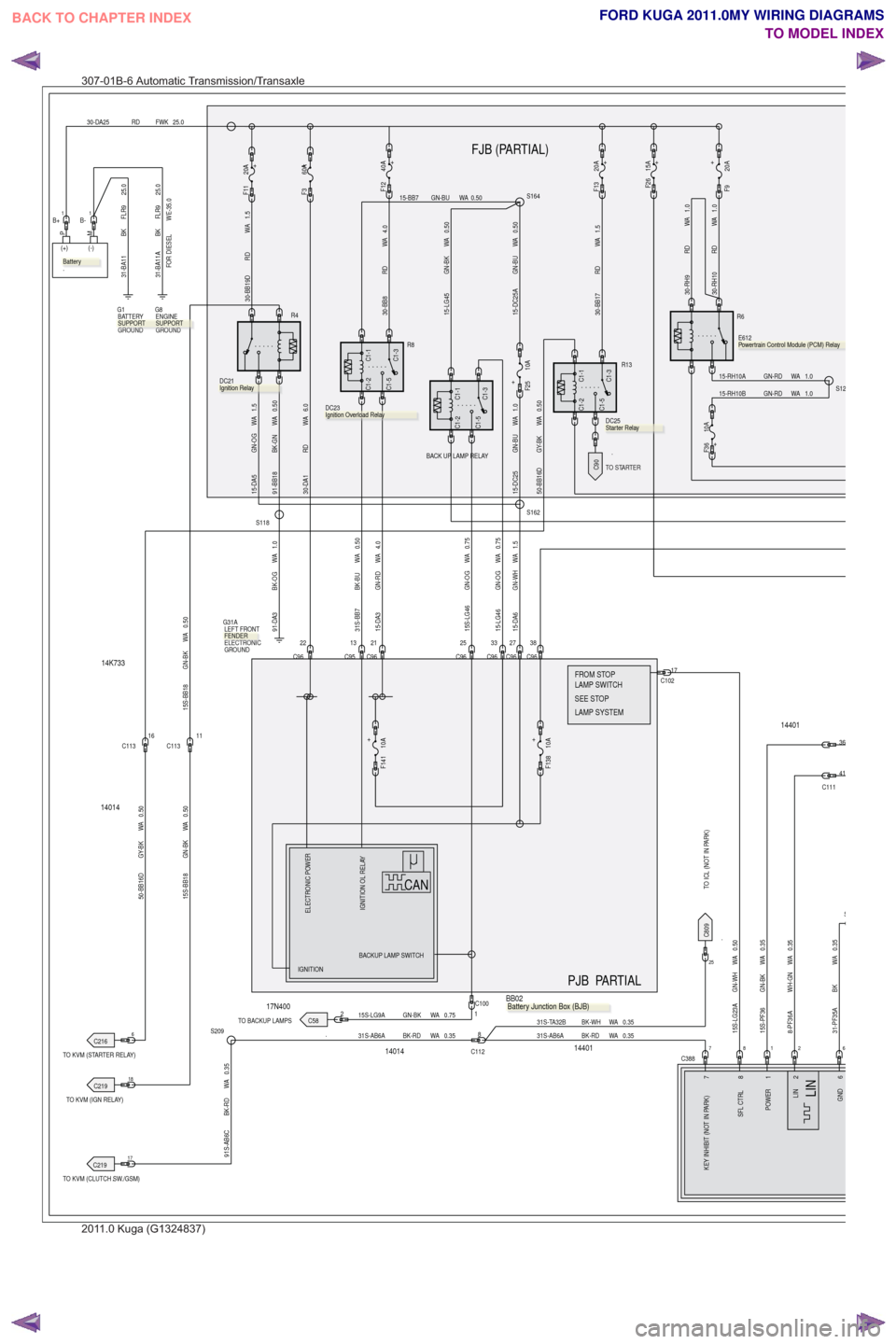 FORD KUGA 2011 1.G Wiring Diagram Workshop Manual .TO BACKUP LAMPS
.
TO STARTER
.TO KVM (IGN RELAY)
.TO KVM (CLUTCH SW./GSM)
.
TO ICL (NOT IN PARK)
.TO KVM (STARTER RELAY)
.
TOSTARTTTER
WE-35.0
14401
17N400
PJB PARTIAL
FJB (PARTIAL)
SEE STOP LAMP SWI FORD KUGA 2011 1.G Wiring Diagram Workshop Manual .TO BACKUP LAMPS
.
TO STARTER
.TO KVM (IGN RELAY)
.TO KVM (CLUTCH SW./GSM)
.
TO ICL (NOT IN PARK)
.TO KVM (STARTER RELAY)
.
TOSTARTTTER
WE-35.0
14401
17N400
PJB PARTIAL
FJB (PARTIAL)
SEE STOP LAMP SWI