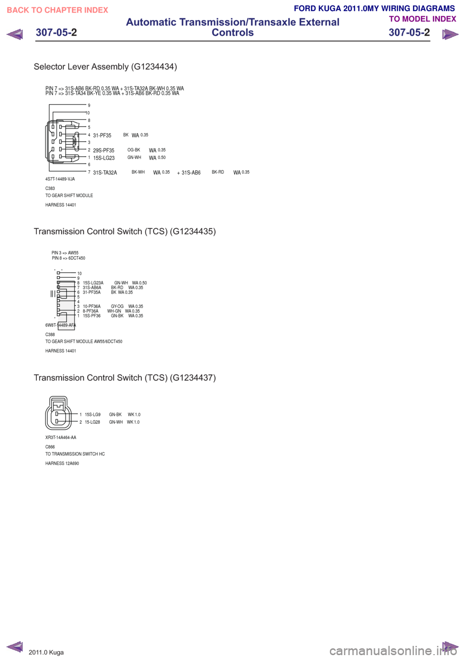 FORD KUGA 2011 1.G Wiring Diagram Service Manual Selector Lever Assembly (G1234434)
2345
1
7
8
910
6
4S7T-14489-VJA
C383
TO GEAR SHIFT MODULE
HARNESS 14401
PIN 7 => 31S-TA34 BK-YE 0.35 WA + 31S-AB6 BK-RD 0.35 WA PIN 7 => 31S-AB6 BK-RD 0.35 WA + 31S-