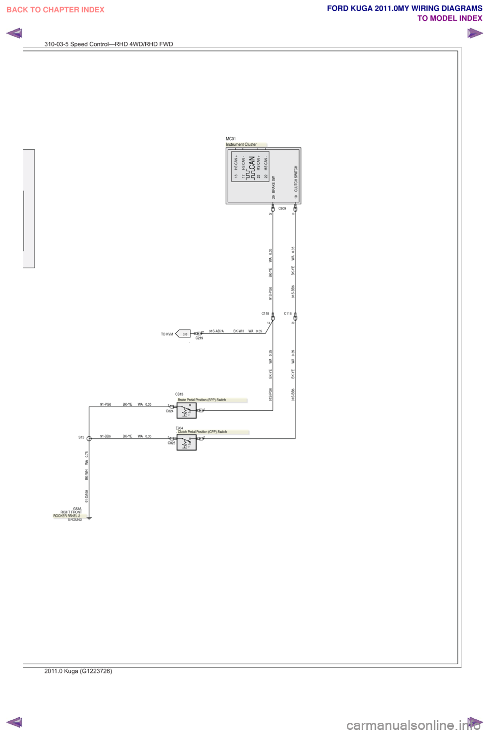 FORD KUGA 2011 1.G Wiring Diagram User Guide .TO KVM 0.0
1029C809
91S-PG6 BK-YE WA 0.35
C118
20
0.35
WA
BK-YE
91S-BB6
0.35
WA
BK-YE
91S-BB6
91-BB6 BK-YE WA 0.352
1
2
E904
.
3C825
C118
14
2C82411 2
CB15
.
91-PG6 BK-YE WA 0.35
0.35
WA
BK-YE
91S-PG