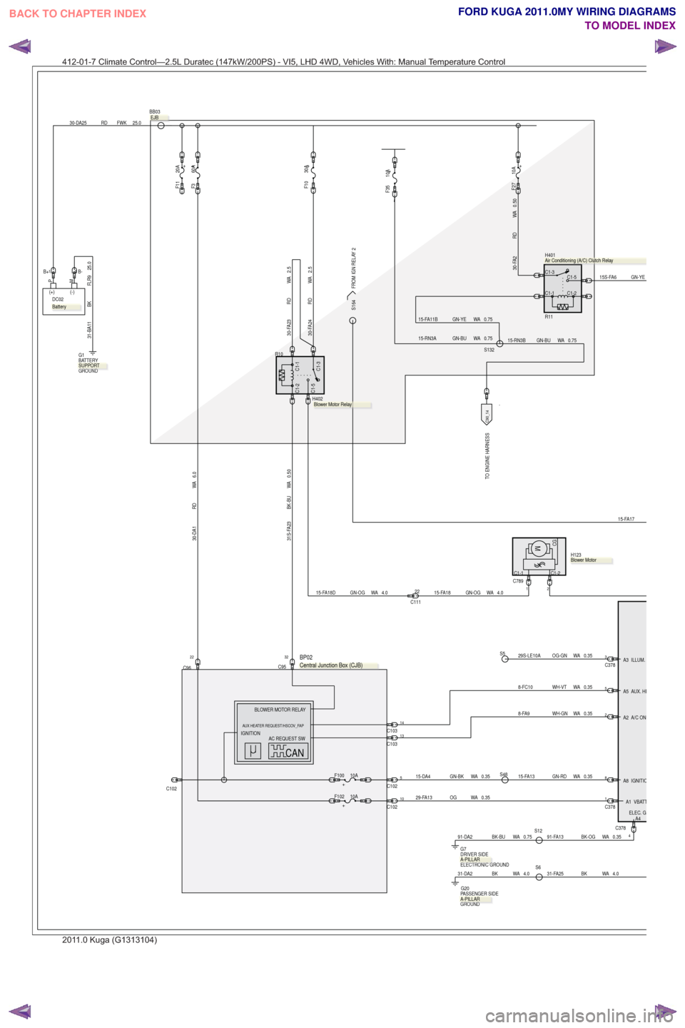 FORD KUGA 2011 1.G Wiring Diagram Workshop Manual .
TO ENGINE HARNESS
.
FROM IGN RELAY 2
30-FA2 RD WA 0.50
+
F27 10A
C1-5
C1-1
C1-3
C1-2
H401
R11
C1-2C1-1
CGMH123
15-FA18 GN-OG WA 4.02C7891
25.0
FWK
RD
30-DA25
PM
(+) (-)DC02
0.50
WA
BK-BU
31S-FA23
+
