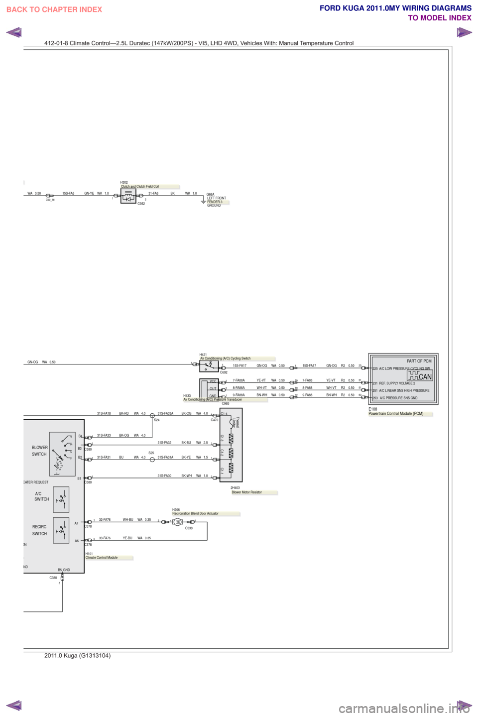 FORD KUGA 2011 1.G Wiring Diagram User Guide 15S-FA61.0WK
GN-YE
H302
1.0WK
BK
31-FA621C952
4.0
WA
BK-RD
31S-FA18
31S-FA33 BK-OG WA 4.031S-FA32 BK-BU WA 2.5
31S-FA33A BK-OG WA 4.0
4.0
WA
BU
31S-FA31
S24
6C378
7C378
1.0
WA
BK-WH
31S-FA30
4
C538
2M