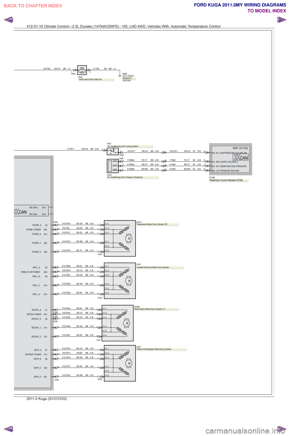 FORD KUGA 2011 1.G Wiring Diagram User Guide C541
6
4
321
C5346
4
321
0.35
WA
BK-RD
31S-FA57
0.35
WA
BK-GN
31S-FA56
0.35
WA
BK-OG
31S-FA550.35
WA
GN-YE
15S-FA420.35
WA
BK-BU
31S-FA54
0.35
WA
BK-RD
31S-FB23
0.35
WA
BK-GN
31S-FB22
0.35
WA
BK-OG
31