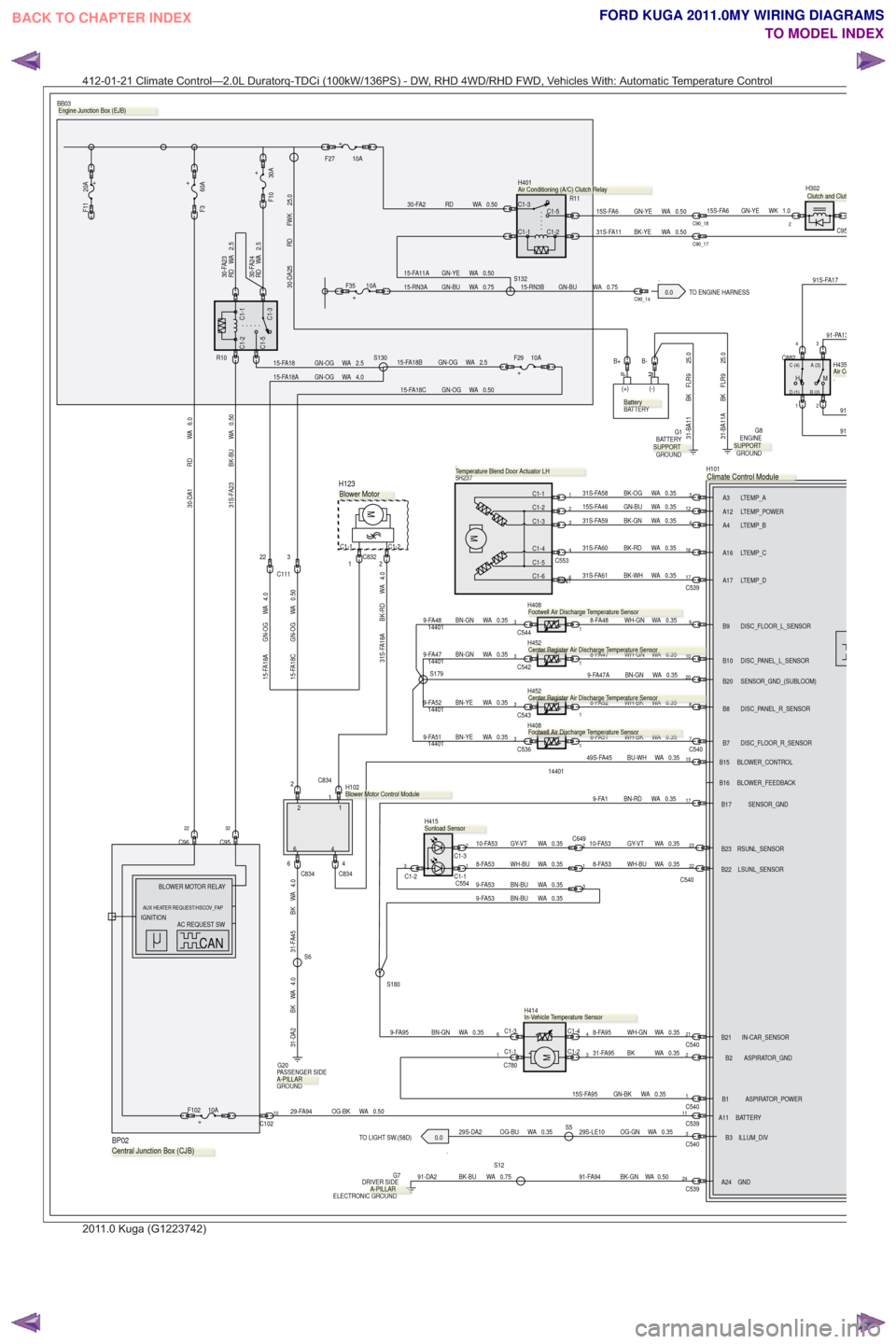 FORD KUGA 2011 1.G Wiring Diagram Workshop Manual .0.0
TO LIGHT SW.(58D)
.0.0 TO ENGINE HARNESS
0.35
WA
GN-BK
15S-FA95
29-FA94 OG-BK WA 0.50
C53924
1C54011C539
22
C540
17
4.0
WA
BK
31-DA2
8-FA53 WH-BU WA 0.35
0.35
WA
OG-GN
29S-LE10S50.35
WA
OG-BU
29S