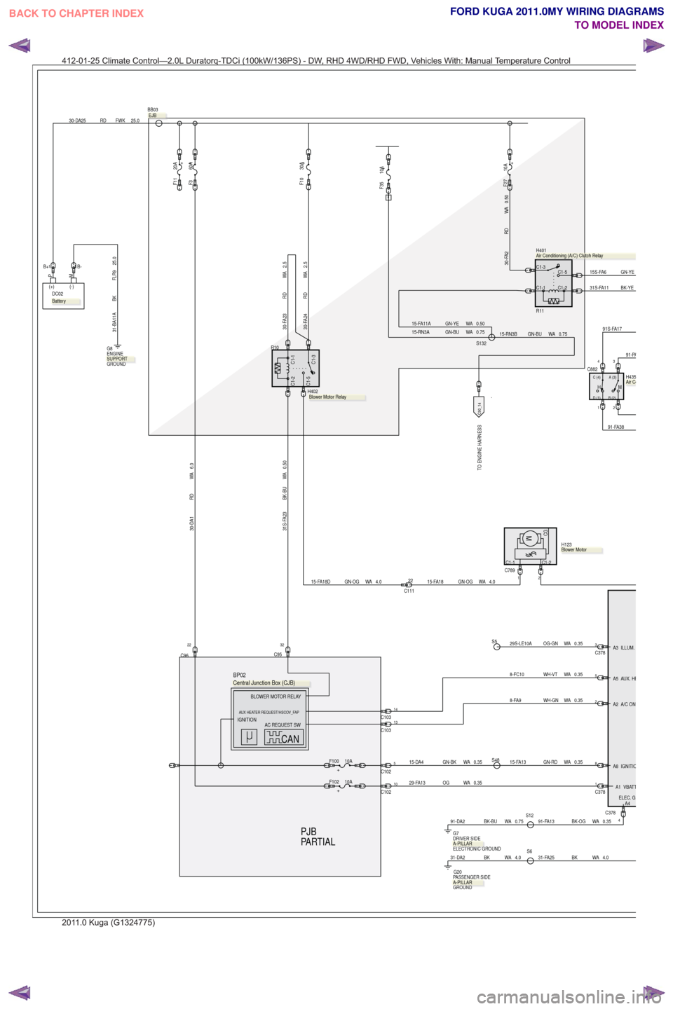 FORD KUGA 2011 1.G Wiring Diagram Service Manual .
TO ENGINE HARNESS
PARTIAL PJB
2
C88243
A (3)
B (2)
C (4)
D (1)HM
H435
1
91-FA38
91-PA
30-FA2 RD WA 0.50
+
F27 10A
C1-5
C1-1
C1-3
C1-2
H401
R11
91S-FA17
C1-2C1-1
CGMH123
15-FA18 GN-OG WA 4.02C7891
25