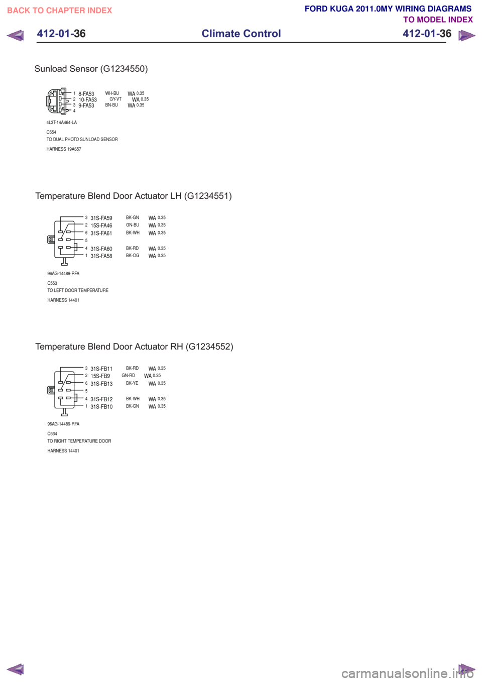 FORD KUGA 2011 1.G Wiring Diagram User Guide Temperature Blend Door Actuator LH (G1234551)
2
56
41
3
96AG-14489-RFA
C553
TO LEFT DOOR TEMPERATURE
HARNESS 14401
15S-FA46GN-BUWA0.35
31S-FA61BK-WHWA0.35
31S-FA60BK-RDWA0.35
31S-FA58BK-OGWA0.35
31S-F