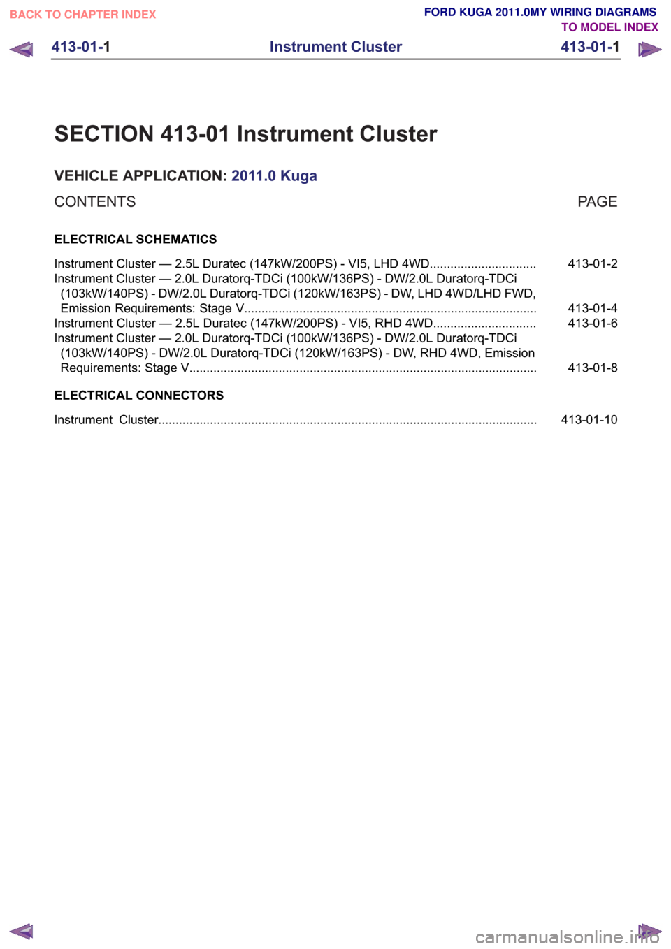 FORD KUGA 2011 1.G Wiring Diagram Workshop Manual SECTION 413-01 Instrument Cluster
VEHICLE APPLICATION:2011.0 Kuga
PA G E
CONTENTS
ELECTRICAL SCHEMATICS
413-01-2
Instrument Cluster — 2.5L Duratec (147kW/200PS) - VI5, LHD 4WD ......................