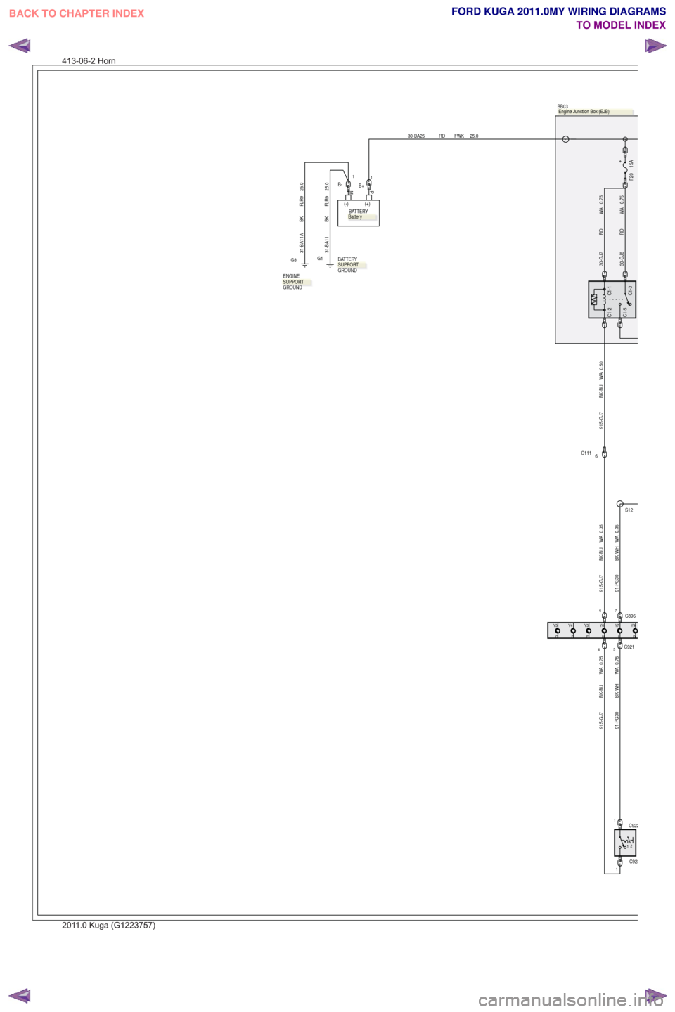 FORD KUGA 2011 1.G Wiring Diagram Workshop Manual 12
91S-GJ7 BK-BU WA 0.35
0.35
WA
BK-WH
91-PG30
S12
C8967
C9221
1C923
+15AF20
0.50
WA
BK-BU
91S-GJ7
0.75
WA
RD
30-GJ7
30-DA25 RD FWK 25.0
PM
(+)
(-)BATTERY
H
Y6Y3Y5Y4
FGE
Y9
DI
Y7
B+1
0.75
WA
RD
30-GJ8