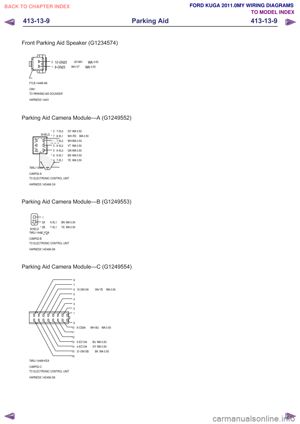 FORD KUGA 2011 1.G Wiring Diagram Workshop Manual Parking Aid Camera Module—A (G1249552)
1
4
2
35
7
6
7M5J-14489-KAA
SHIELD
HARNESS 14D466-CA TO ELECTRONIC CONTROL UNIT C4MP22-A 0.50
WA
WH
7-XL2
0.50
WA
YE
7-XL1 0.50
WA
GY
7-XL3
0.50
WA
VT
9-XL2
0.