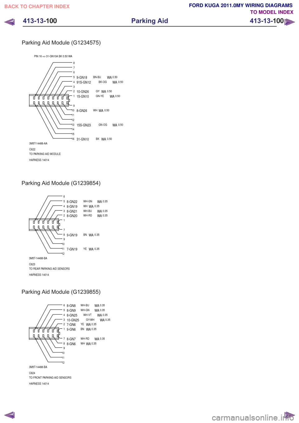 FORD KUGA 2011 1.G Wiring Diagram User Guide Parking Aid Module (G1239854)
1
7
23456
89101112
3M5T-14488-BA
C623
TO REAR PARKING AID SENSORS
HARNESS 14014
8-GN20WH-RDWA0.358-GN21WH-BUWA0.358-GN19WHWA0.358-GN22WH-GNWA0.35
9-GN19BNWA0.35
7-GN19YEW