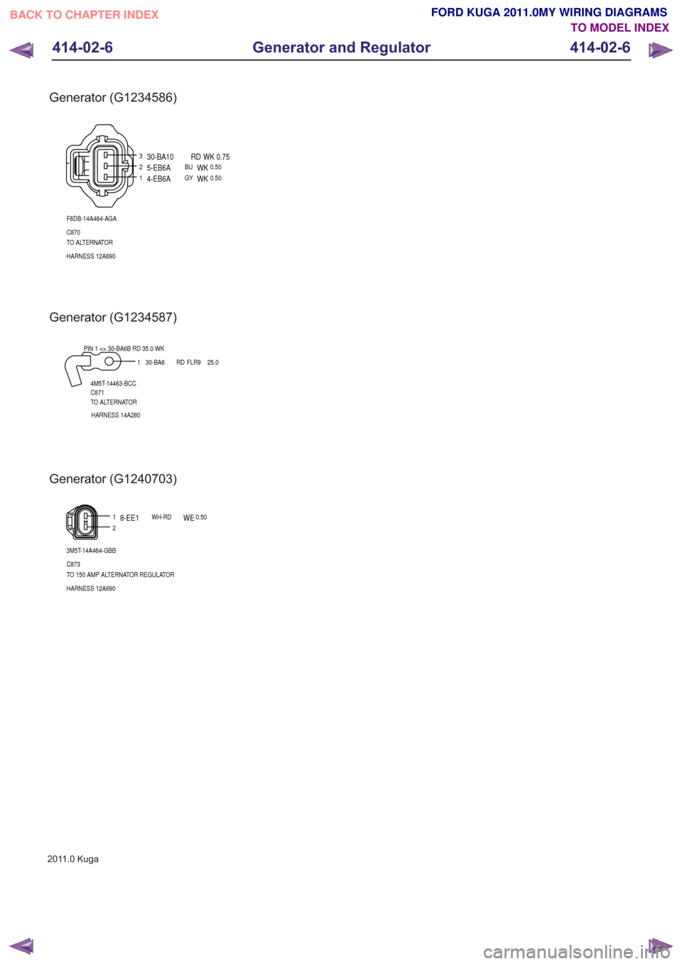 FORD KUGA 2011 1.G Wiring Diagram Workshop Manual Generator (G1234586)
21
3
F6DB-14A464-AGA
HARNESS 12A690 TO ALTERNATOR C870 0.50
WKBU5-EB6A0.50WKGY4-EB6A
0.75WKRD
30-BA10
Generator (G1234587)
1
4M5T-14463-BCC
C871
TO ALTERNATOR HARNESS 14A280
PIN 1