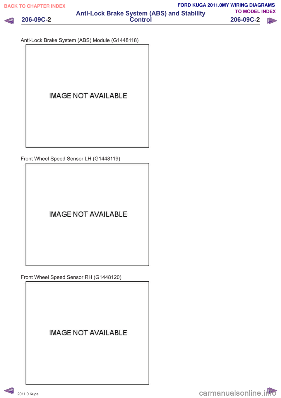 FORD KUGA 2011 1.G Wiring Diagram Workshop Manual Anti-Lock Brake System (ABS) Module (G1448118)
Front Wheel Speed Sensor LH (G1448119)
Front Wheel Speed Sensor RH (G1448120)
201
1.0 Kuga
206-09C- 2
Anti-Lock Brake System (ABS) and Stability
Control
