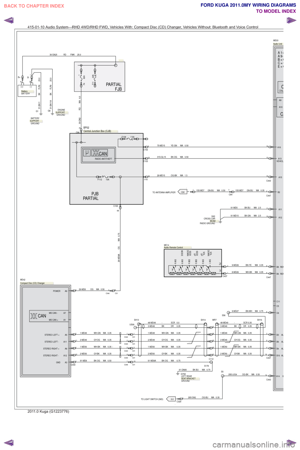 FORD KUGA 2011 1.G Wiring Diagram Owners Guide .TO LIGHT SWITCH (58D) 0.0
..
TO ANTENNA AMPLIFIER
PARTIAL
FJB
ONL
PJB
PARTIAL
6C437
2
1
8
C447
13
8-MD26 WH-BK WA 0.35
+15A
F112
C9620
6.0
WA
RD
30-DA2
15C10331S-GL15 BK-OG WA 0.50
PM
(+) (-)
BATTERY