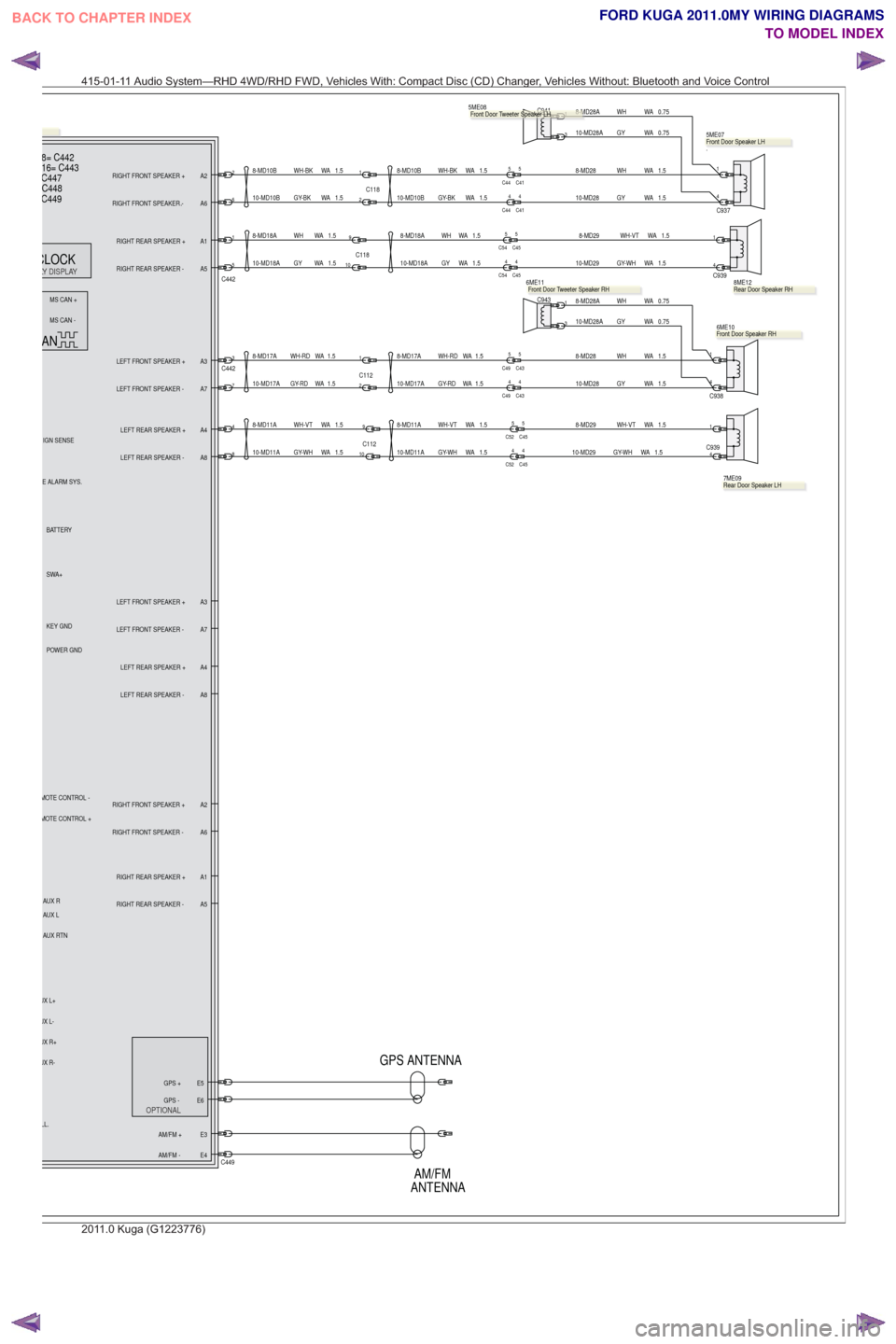 FORD KUGA 2011 1.G Wiring Diagram Owners Manual ANTENNAAM/FM
LY DISPLAY
OPTIONAL
GPS ANTENNA
1
C937
4
1
C9394
1
C938
4
1
4C939
9
C11210
C112
1
2
4
8
1
5
C442
1.5
WA
WH
8-MD18A
1.5
WA
WH-RD
8-MD17A
1.5
WA
WH-VT
8-MD11A
8-MD10B WH-BK WA 1.5
. 7ME09
8