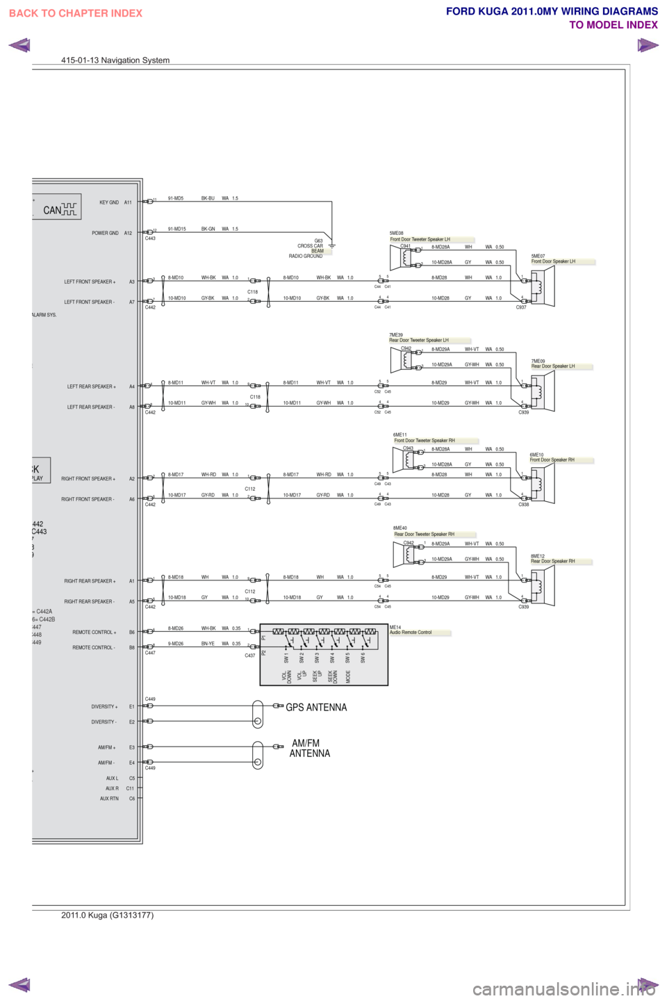 FORD KUGA 2011 1.G Wiring Diagram Owners Manual AM/FM
GPS ANTENNA
= C442A
C449C448C447
6= C442B
ANTENNA
1
C937
4
1
C939
4
1
C938
4
1
C939
4
6
2
C437
1
8C447
8-MD18 WH WA 1.0
1.0
WA
WH-RD
8-MD17
8-MD11 WH-VT WA 1.0
1.0
WA
WH-BK
8-MD10
7ME09
1.0
WA
G