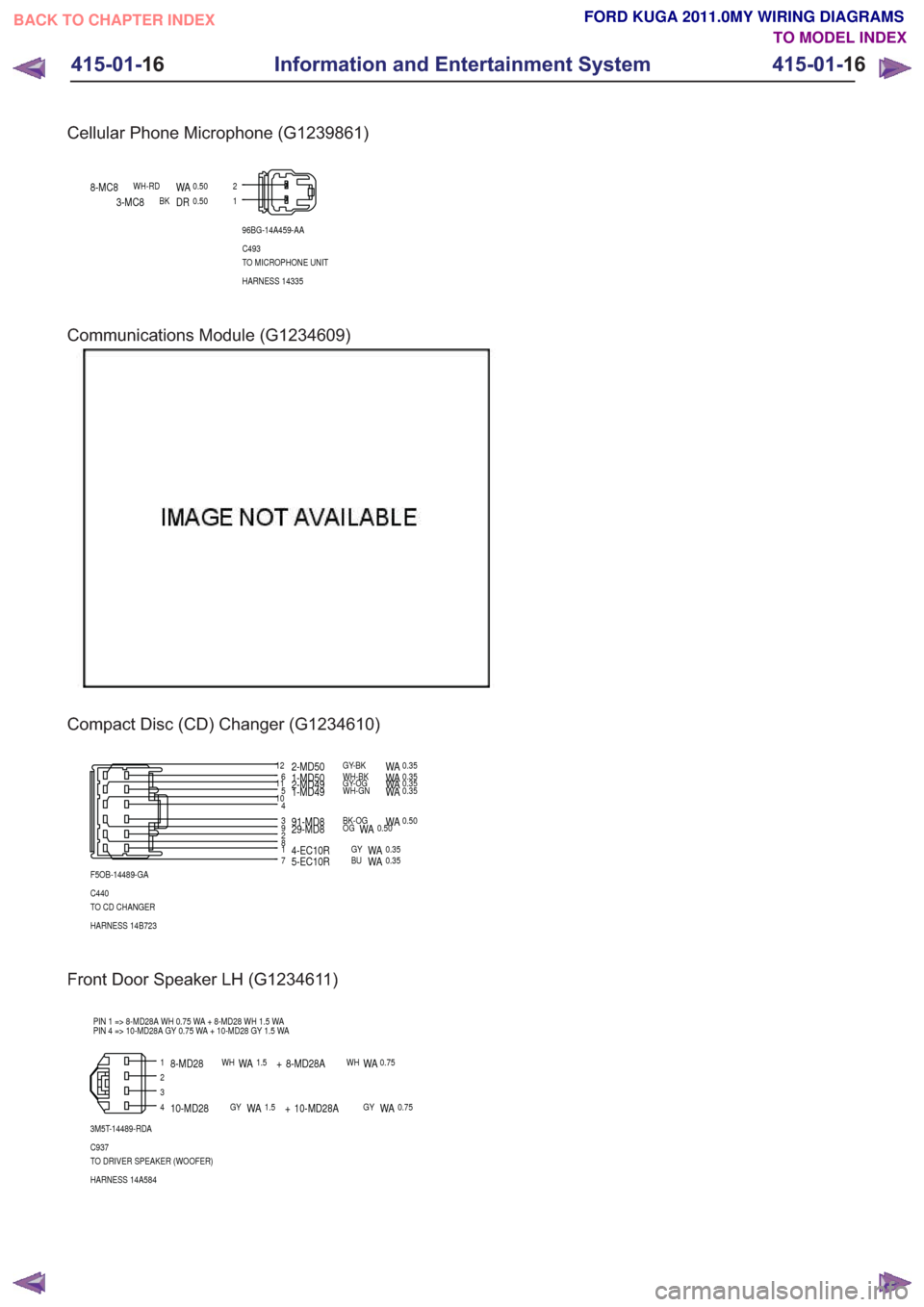 FORD KUGA 2011 1.G Wiring Diagram Workshop Manual Cellular Phone Microphone (G1239861)
1296BG-14A459-AA
C493
TO MICROPHONE UNIT
HARNESS 14335
8-MC8WH-RDWA0.50
3-MC8BKDR0.50
Communications Module (G1234609)
Compact Disc (CD) Changer (G1234610)
32
45
1 FORD KUGA 2011 1.G Wiring Diagram Workshop Manual Cellular Phone Microphone (G1239861)
1296BG-14A459-AA
C493
TO MICROPHONE UNIT
HARNESS 14335
8-MC8WH-RDWA0.50
3-MC8BKDR0.50
Communications Module (G1234609)
Compact Disc (CD) Changer (G1234610)
32
45
1
