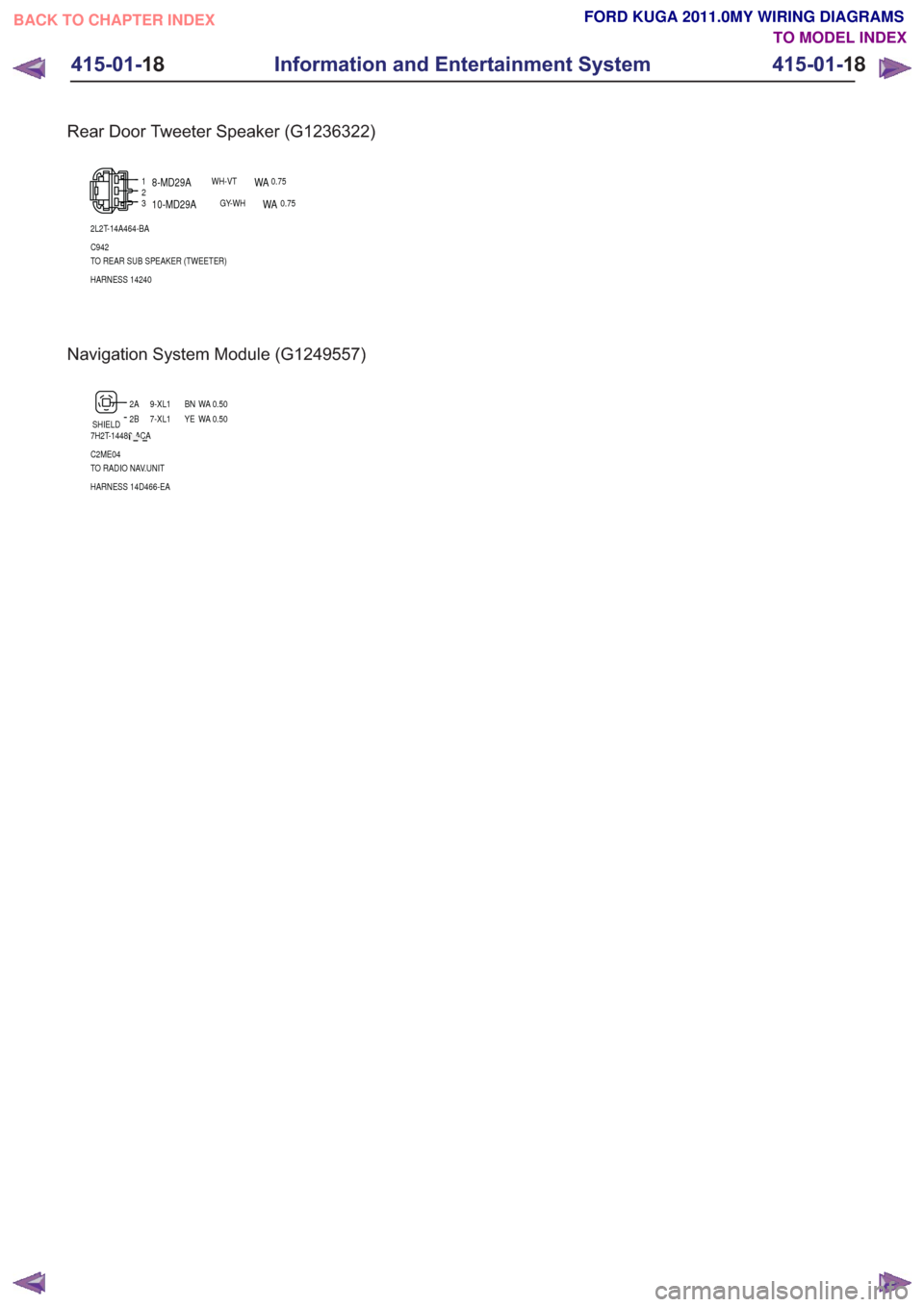 FORD KUGA 2011 1.G Wiring Diagram Workshop Manual Rear Door Tweeter Speaker (G1236322)
123
2L2T-14A464-BA
C942
TO REAR SUB SPEAKER (TWEETER)
HARNESS 14240
8-MD29AWH-VTWA0.75
10-MD29AGY-WHWA0.75
Navigation System Module (G1249557)
2A2B
7H2T-14489-ACAS