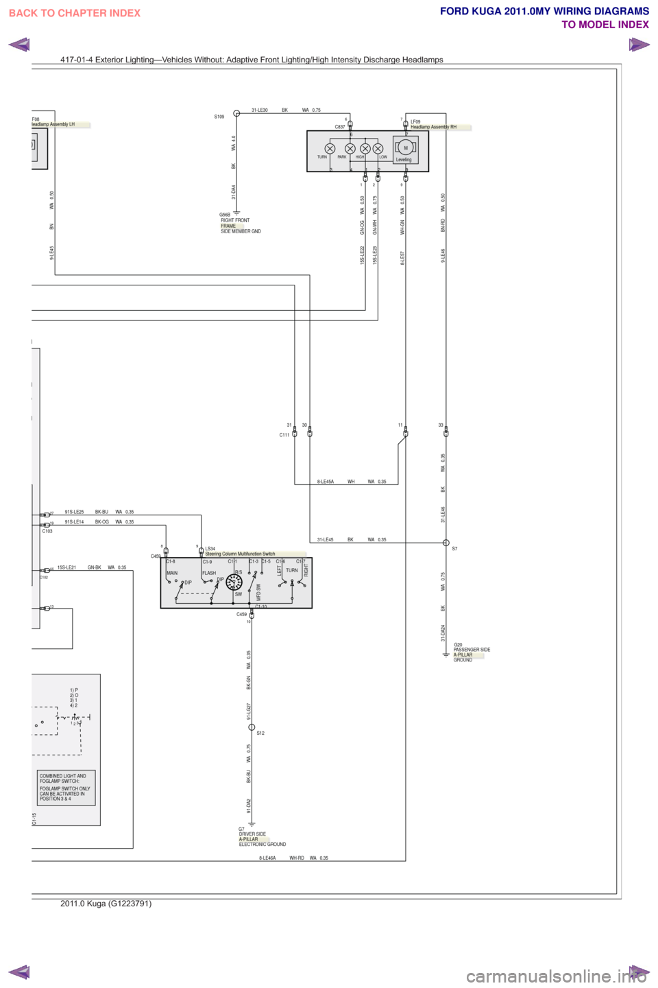 FORD KUGA 2011 1.G Wiring Diagram Owners Guide 0.75
WA
GN-WH
15S-LE230.50
WA
GN-OG
15S-LE22
0.35
WA
BK-GN
91-LG27
91-DA2 BK-BU WA 0.75
91S-LE25 BK-BU WA 0.3591S-LE14 BK-OG WA 0.35
8-LE46A WH-RD WA 0.35
0.35
WA
GN-BK
15S-LE21
31-DA4 BK WA 4.0
31-LE