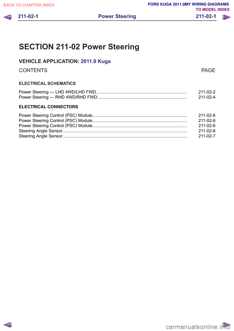 FORD KUGA 2011 1.G Wiring Diagram Owners Manual SECTION 211-02 Power Steering
VEHICLE APPLICATION:2011.0 Kuga
PA G E
CONTENTS
ELECTRICAL SCHEMATICS
211-02-2
Power Steering — LHD 4WD/LHD FWD ........................................................ FORD KUGA 2011 1.G Wiring Diagram Owners Manual SECTION 211-02 Power Steering
VEHICLE APPLICATION:2011.0 Kuga
PA G E
CONTENTS
ELECTRICAL SCHEMATICS
211-02-2
Power Steering — LHD 4WD/LHD FWD ........................................................