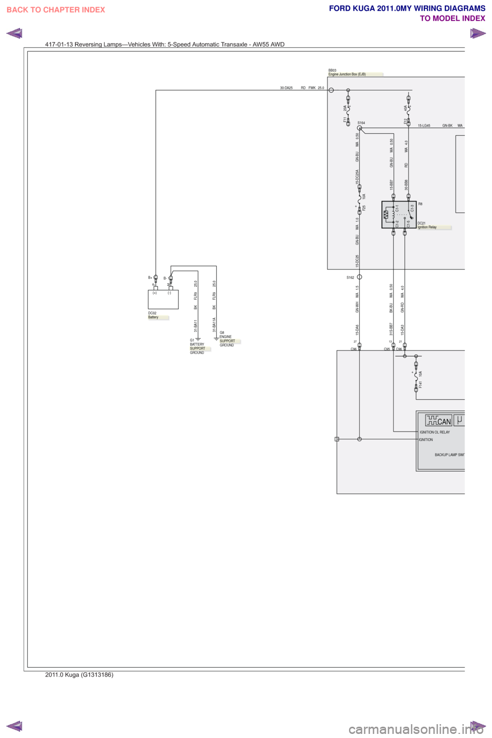 FORD KUGA 2011 1.G Wiring Diagram Workshop Manual 30-DA25 RD FWK 25.0
PM
(+) (-)
DC02.
21
C96
4.0
WA
GN-RD
15-DA3
13
C95
C1-5
C1-1C1-3
C1-2
R8
,
DC21
1B+
+20A
F11
+10A
F141
BB03
,
4.0
WA
RD
30-BB8
27
C96
1.5
WA
GN-WH
15-DA6
S162
IGNITION OL RELAY
BAC