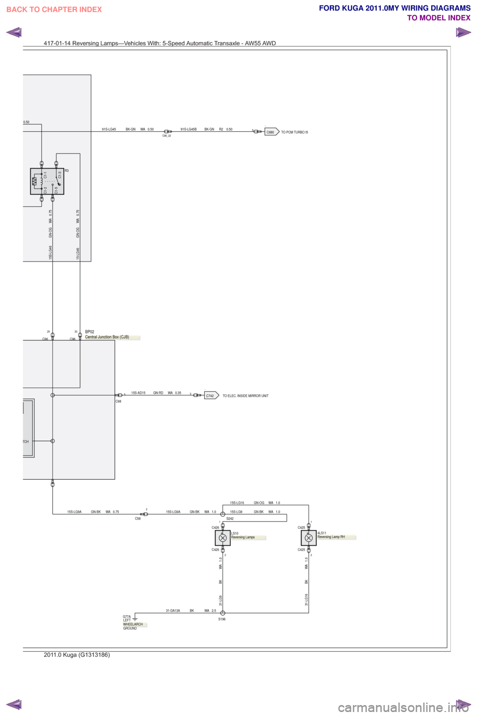 FORD KUGA 2011 1.G Wiring Diagram Repair Manual .TO ELEC. INSIDE MIRROR UNIT
.
.TO PCM TURBO I5
25
C96
C1-5
C1-1C1-3
C1-2
R3
15-LG46 GN-OG WA 0.75
91S-LG45 BK-GN WA 0.50
15S-LG46 GN-OG WA 0.75
C9850.35
GN-RD
15S-AD15 WAC7423
TCH
.
BP02
0.50
C96
33
