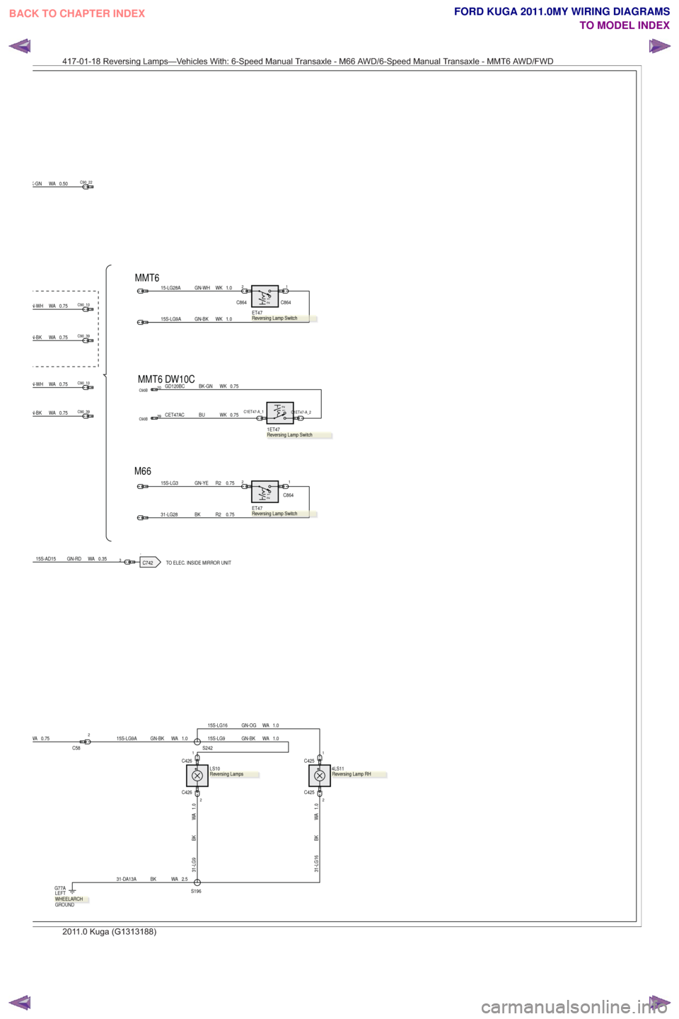 FORD KUGA 2011 1.G Wiring Diagram Workshop Manual .TO ELEC. INSIDE MIRROR UNIT
.
M66 MMT6 DW10C
MMT6
N-WH WA 0.75
15-LG28A GN-WH WK 1.01
2
,
ET47
C864
2
C864
1
1.0WK
GN-BK
15S-LG9A
0.75
WAN-BK
K-GN WA 0.50
0.35
GN-RD
15S-AD15 WAC7423
N-WH WA 0.75
0.7
