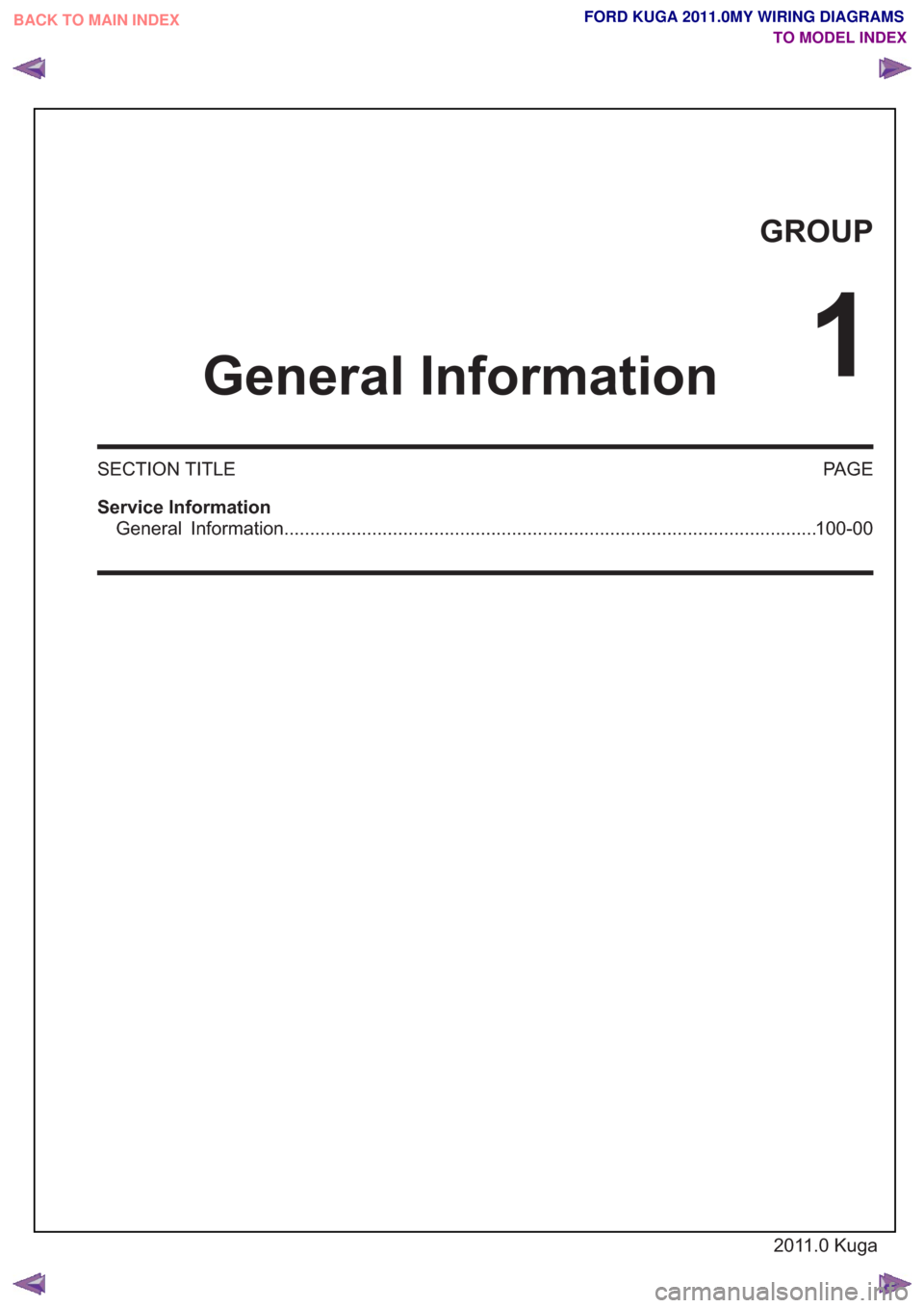 FORD KUGA 2011 1.G Wiring Diagram Workshop Manual GROUP
General Information
1
SECTION TITLEPAGE
Service Information General Information.............................................................\
..........................................100-00
201