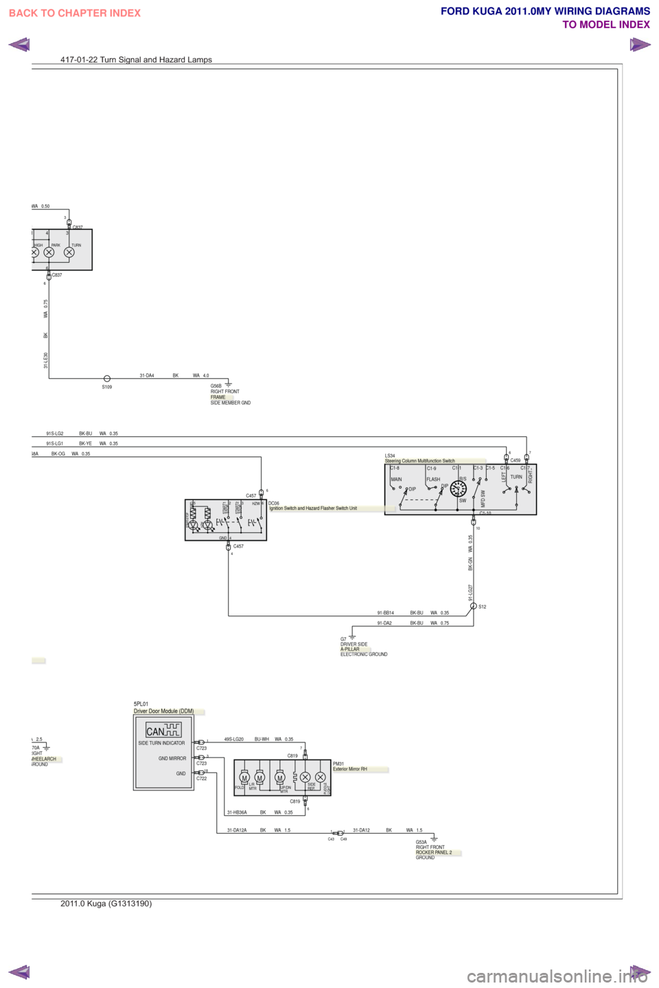 FORD KUGA 2011 1.G Wiring Diagram Owners Guide 0.50WA
4.0
WA
BK
31-DA4
C45976
10
0.35
WA
BK-GN
91-LG27
S12
0.35
WA
BK-YE
91S-LG10.35
WA
BK-BU
91S-LG2
91-DA2 BK-BU WA 0.75
C8373
S109
C8376
0.75
WA
BK
31-LE30
C1-8C1-6C1-7
C1-10
C1-9C1-3C1-1C1-5
MAIN