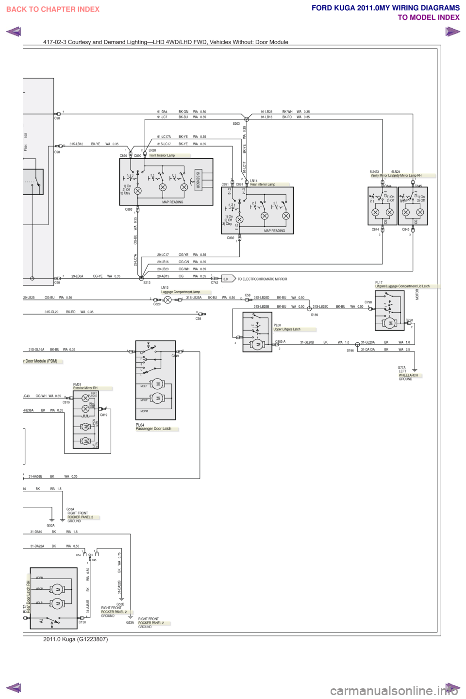 FORD KUGA 2011 1.G Wiring Diagram Workshop Manual .TO ELECTROCHROMATIC MIRROR
0.0
31S-LB25A BK-BU WA 0.501
LN13
LAMP
C8202
0.35
WA
BK-RD
31S-GL20
0.50
WA
OG-BU
29-LB25
LIGHT
PUDDLE
SIDE
REP.
MTR
L/R
MTR UP/DN
MM
PM31
.
0.35
WA
BK-BU
31S-GL16A
0.35
WA