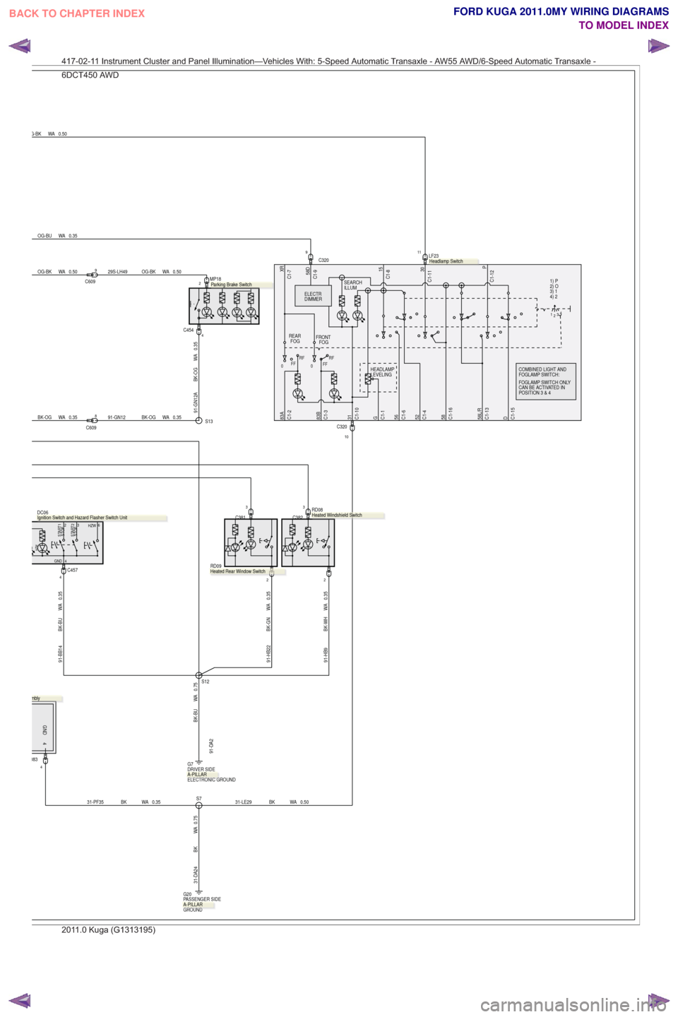 FORD KUGA 2011 1.G Wiring Diagram Workshop Manual 31-DA24 BK WA 0.75
G-BK WA 0.50
0.35
WA
OG-BU
31-LE29 BK WA 0.50S7
9C32011
C32010
RD09
.
2
3
C381
0.35
WA
BK-GN
91-HB22
RD08
.
2
C382
3
31-PF35 BK WA 0.35
4GND
4383
G20
PASSENGER SIDE
GROUND
91-HB9 BK