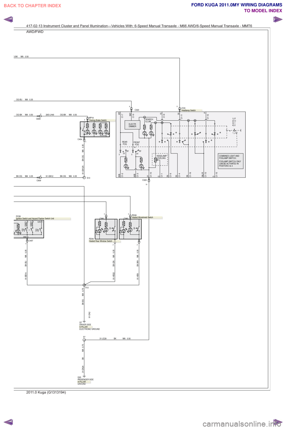 FORD KUGA 2011 1.G Wiring Diagram Owners Guide 31-DA24 BK WA 0.75
G-BK WA 0.50
0.35
WA
OG-BU
31-LE29 BK WA 0.50S7
9C32011
C32010
RD09
.
2
3
C381
0.35
WA
BK-GN
91-HB22
RD08
.
2
C382
3
G20
PASSENGER SIDE
GROUND
91-HB9 BK-WH WA 0.35
S12
G7
DRIVER SID