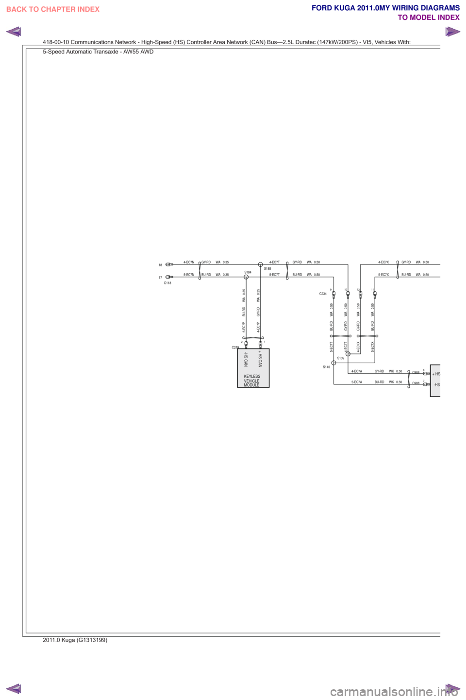 FORD KUGA 2011 1.G Wiring Diagram Owners Guide -HS
+H
S
+ HS CAN
-HS CAN+HSCAN
-HSCAN
KEYLESS
VEHICLE
MODULE
-HS
+HS
0.35
WA
BU-RD
5-EC7N
0.35
WA
GY-RD
4-EC7N0.50
WA
GY-RD
4-EC7T
C113
17
18
0.35
WA
GY-RD
4-EC7P0.35
WA
BU-RD
5-EC7P
1C2192
0.50
WA
B