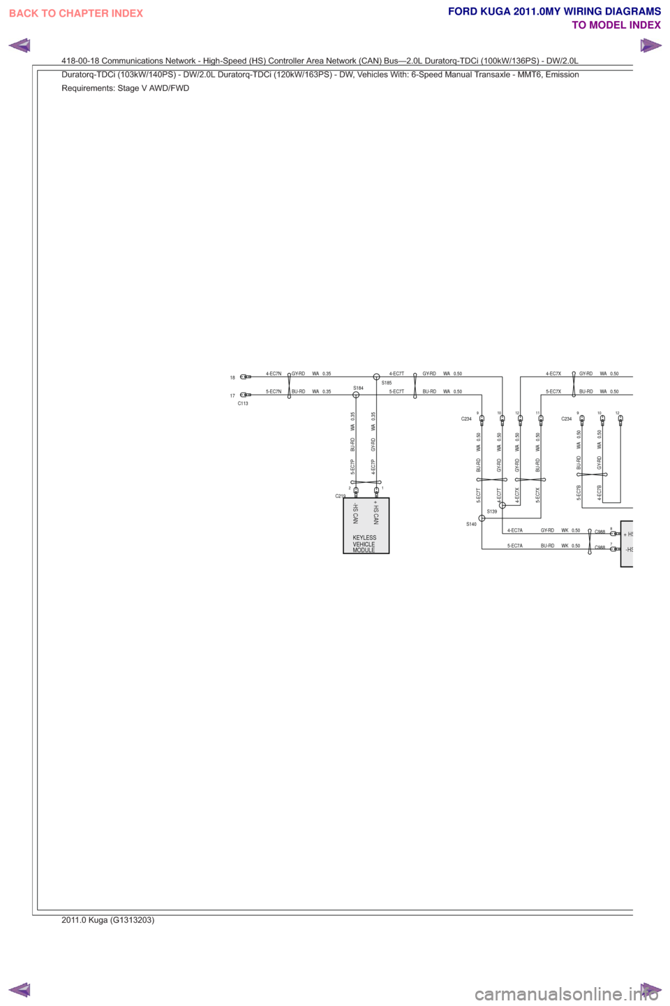 FORD KUGA 2011 1.G Wiring Diagram User Guide -HS
+HS
+ HS CAN-HS CAN+HSCAN
-HSCAN
KEYLESS
VEHICLE
MODULE
-HS
+HS
0.35
WA
BU-RD
5-EC7N
0.35
WA
GY-RD
4-EC7N0.50
WA
GY-RD
4-EC7T
C113
17
18
0.35
WA
GY-RD
4-EC7P0.35
WA
BU-RD
5-EC7P
1C2192
0.50
WA
BU-