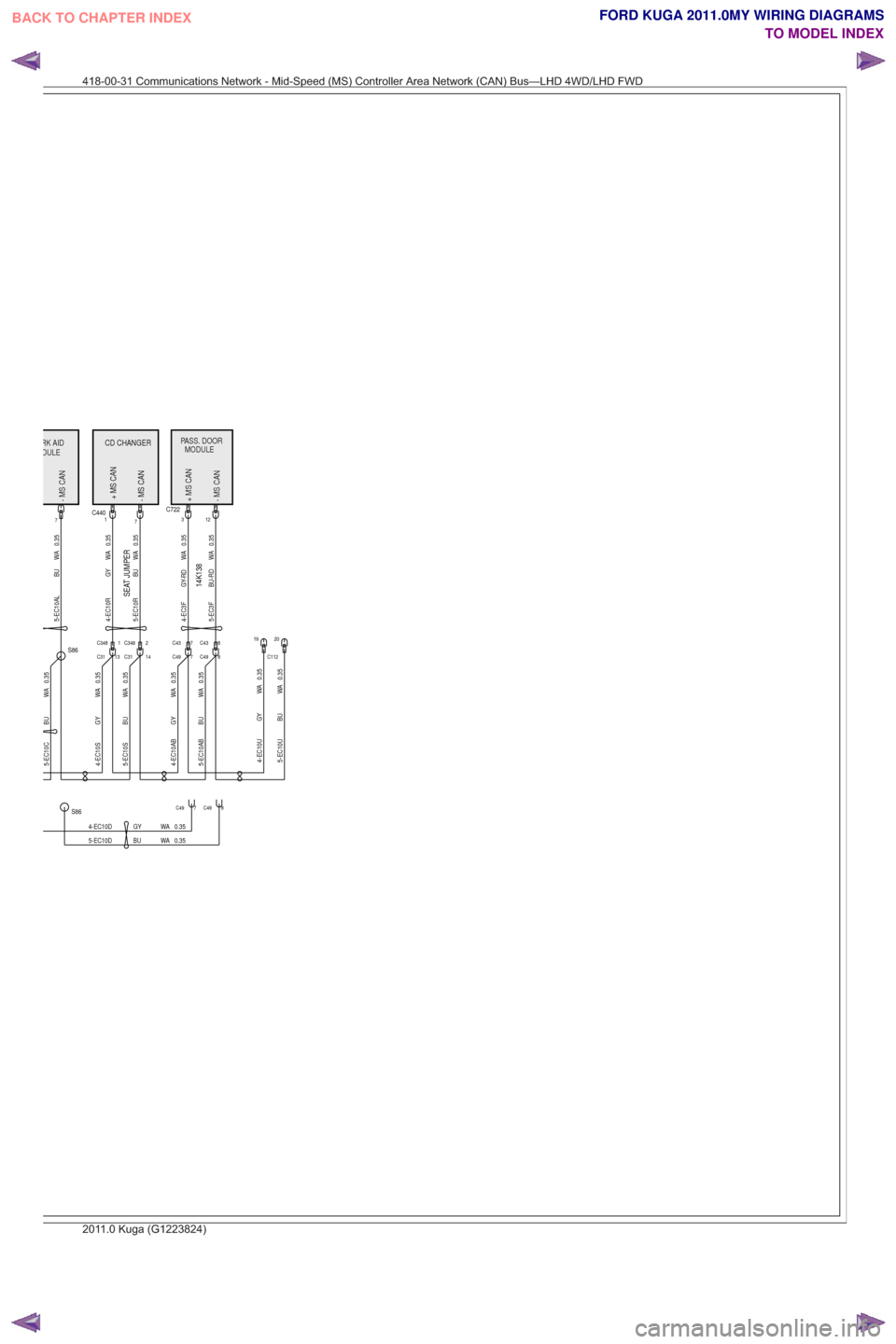 FORD KUGA 2011 1.G Wiring Diagram Owners Guide DULERK AID
- MS CAN
14K138+ MS CAN
CD CHANGER
- MS CAN
PASS. DOOR MODULE
+ MS CAN
- MS CAN
PASSPP.DOORMODULE
+MSCAN
-MSCAN
SEAT JUMPER
DULERKAID
-MSCAN
+MSCAN
CDCHANGER
-MSCAN
0.35
WA
BU
5-EC10C
5-EC1