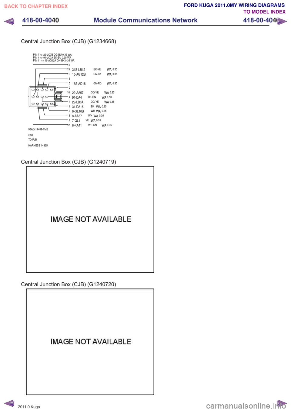 FORD KUGA 2011 1.G Wiring Diagram Workshop Manual Central Junction Box (CJB) (G1234668)
1
2
3
4
5
6
7
8
9
10
11
12
1314
98AG-14489-TMB
C98
TO PJB
HARNESS 14335 PIN 7 => 29-LC7B OG-BU 0.35 WA
PIN 4 => 91-LC7A BK-BU 0.35 WA
PIN 11 => 15-AG12A GN-BK 0.3 FORD KUGA 2011 1.G Wiring Diagram Workshop Manual Central Junction Box (CJB) (G1234668)
1
2
3
4
5
6
7
8
9
10
11
12
1314
98AG-14489-TMB
C98
TO PJB
HARNESS 14335 PIN 7 => 29-LC7B OG-BU 0.35 WA
PIN 4 => 91-LC7A BK-BU 0.35 WA
PIN 11 => 15-AG12A GN-BK 0.3