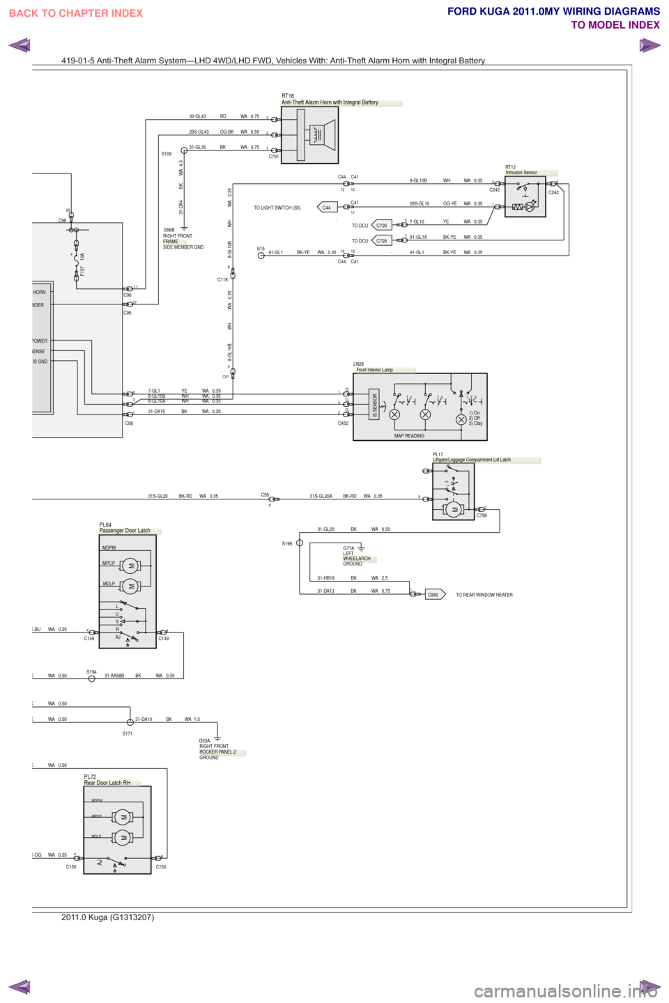 FORD KUGA 2011 1.G Wiring Diagram Owners Manual .TO DCU.TO DCU.TO LIGHT SWITCH (S5)
.TO REAR WINDOW HEATER
31S-GL20 BK-RD WA 0.35
30-GL43 RD WA 0.75
27
C95
S194
K-BU WA 0.35C1494C1498
C150
4
AJR S
U L
MDLP
MPCP MDPMMM
.PL64
31-AA58B BK WA 0.35
C150