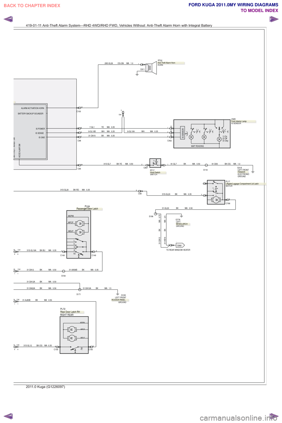 FORD KUGA 2011 1.G Wiring Diagram Owners Manual .
TO REAR WINDOW HEATER
S194
31-AA58B BK WA 0.35
31S-GL16A BK-BU WA 0.35
31-DA12 BK WA 0.50
C149
4
C149
8
C1504C1508
31S-GL7 BK-YE WA 0.5091-GL7 BK WA 0.501C8972
C9529
2) Off
3) Ctsy 1) On
3
2
1
2
1
1