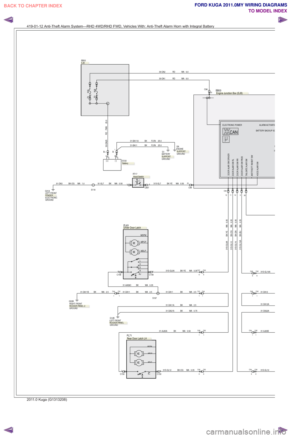 FORD KUGA 2011 1.G Wiring Diagram Workshop Manual 91-GL7 BK WA 0.5012C897
6.0
WA
RD
30-DA1
PM
(+) (-).
DC02
30-DA25 RD FWK 25.0
31S-GL7 BK-YE WA 0.50
C9622
26
29C9591-DA3 BK-OG WA 1.0
S118
1
C451
C54C45
1C521
31S-GL16A BK-BU WA 0.35
31S-GL16A0.35
WA
