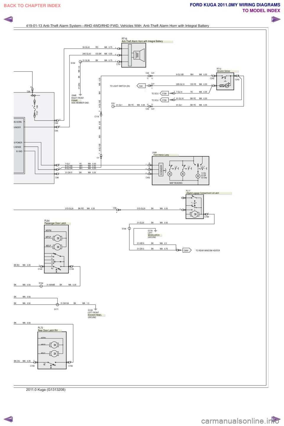FORD KUGA 2011 1.G Wiring Diagram Workshop Manual .TO DCU.TO DCU.TO LIGHT SWITCH (S5)
.TO REAR WINDOW HEATER
31S-GL20 BK-RD WA 0.35
30-GL43 RD WA 0.75
27
C95
S194
BK-BU WA 0.35C1495C1497
C150
4
AJR S
U L
MDLP
MPCP MDPMMM
.PL64
31-AA58B BK WA 0.35
C15 FORD KUGA 2011 1.G Wiring Diagram Workshop Manual .TO DCU.TO DCU.TO LIGHT SWITCH (S5)
.TO REAR WINDOW HEATER
31S-GL20 BK-RD WA 0.35
30-GL43 RD WA 0.75
27
C95
S194
BK-BU WA 0.35C1495C1497
C150
4
AJR S
U L
MDLP
MPCP MDPMMM
.PL64
31-AA58B BK WA 0.35
C15