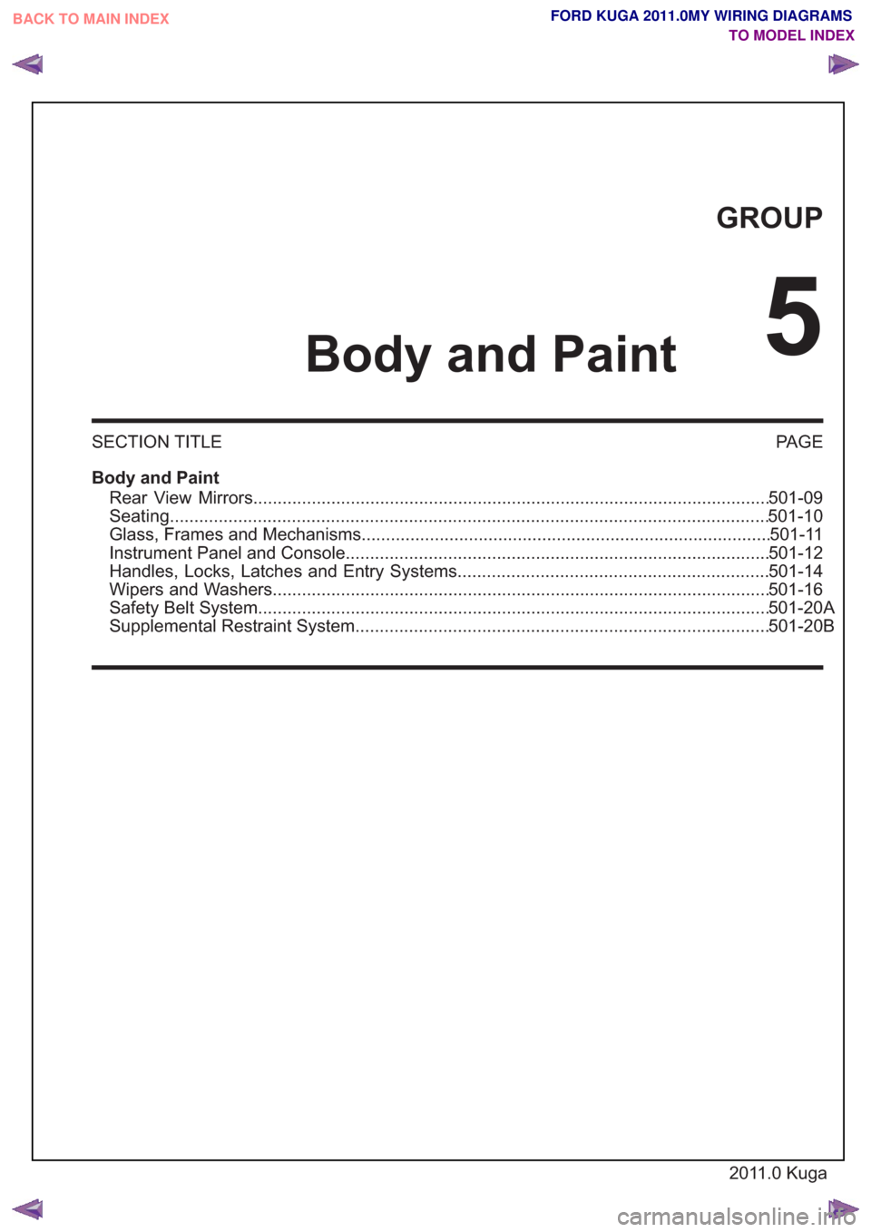 FORD KUGA 2011 1.G Wiring Diagram Workshop Manual GROUP
Body and Paint
5
SECTION TITLEPAGE
Body and Paint Rear View Mirrors.................................................................\
.........................................501-09
Seating.....