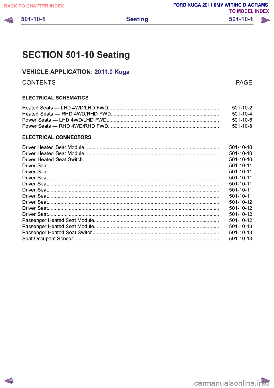 FORD KUGA 2011 1.G Wiring Diagram Workshop Manual SECTION 501-10 Seating
VEHICLE APPLICATION:2011.0 Kuga
PA G E
CONTENTS
ELECTRICAL SCHEMATICS
501-10-2
Heated Seats — LHD 4WD/LHD FWD .................................................................