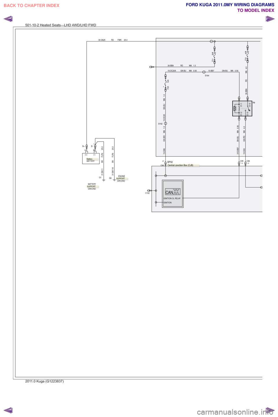 FORD KUGA 2011 1.G Wiring Diagram Service Manual 30-DA25 RD FWK 25.0
PM
(+) (-)
BATTERY
B+
C102
30-BB9 RD WA 1.5
+20A
F11+
F12 40A
C1-5
C1-1C1-3
C1-2
R8
30-BB8 RD WA 4.0
S162
31S-BB7 BK-BU WA 0.50
4.0
WA
GN-RD
15-DA3
13C95C9621
1.5
WA
GN-WH
15-DA6
C