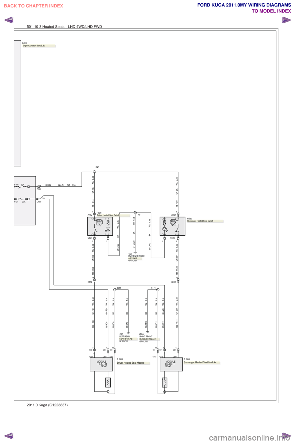 FORD KUGA 2011 1.G Wiring Diagram Service Manual MODULE
SEAT HEATER3HS08.
+
15-HC14 GN-YE WA 0.50
0.50
WA
GN-BK
15-HC9
31-DA7 BK WA 1.5
31-LH29 BK WA 0.35
S177
22
C6944
5C694
C6954
5C695
31-HC8 BK WA 1.031-HC11 BK WA 1.0
GROUND LEFT REAR G75
15S-HC8