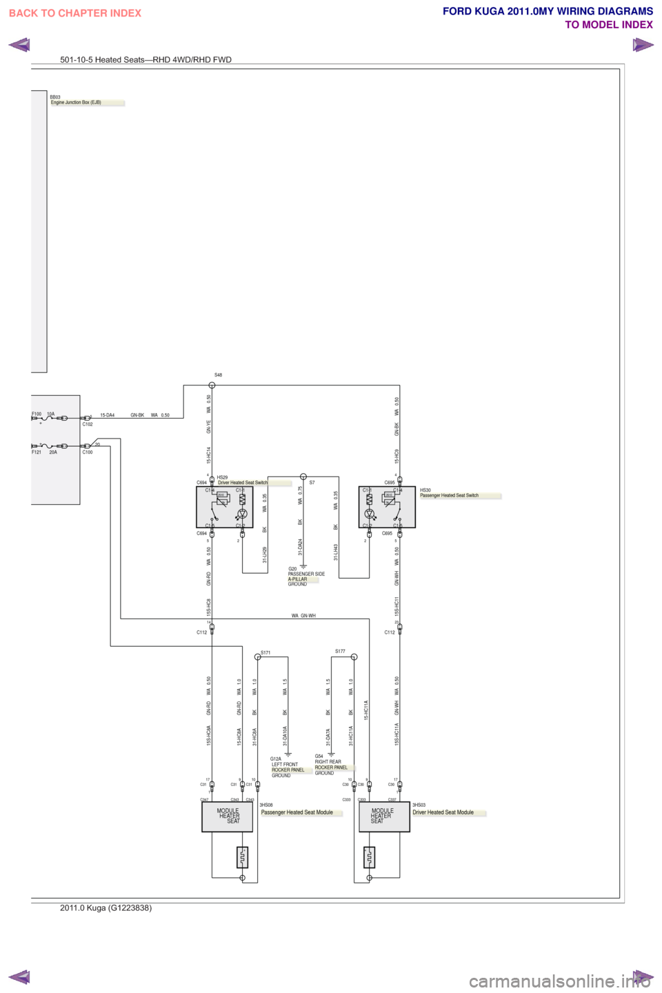 FORD KUGA 2011 1.G Wiring Diagram Workshop Manual 15-HC14 GN-YE WA 0.50
0.50
WA
GN-BK
15-HC9
31-LH29 BK WA 0.35
22
C6944
5C694
C6954
5C695
15S-HC8 GN-RD WA 0.50
0.50
WA
GN-WH
15S-HC11
14
C112
23
C112
31-LH43 BK WA 0.35
+F121 20AC100 20
15-HC8A GN-RD 