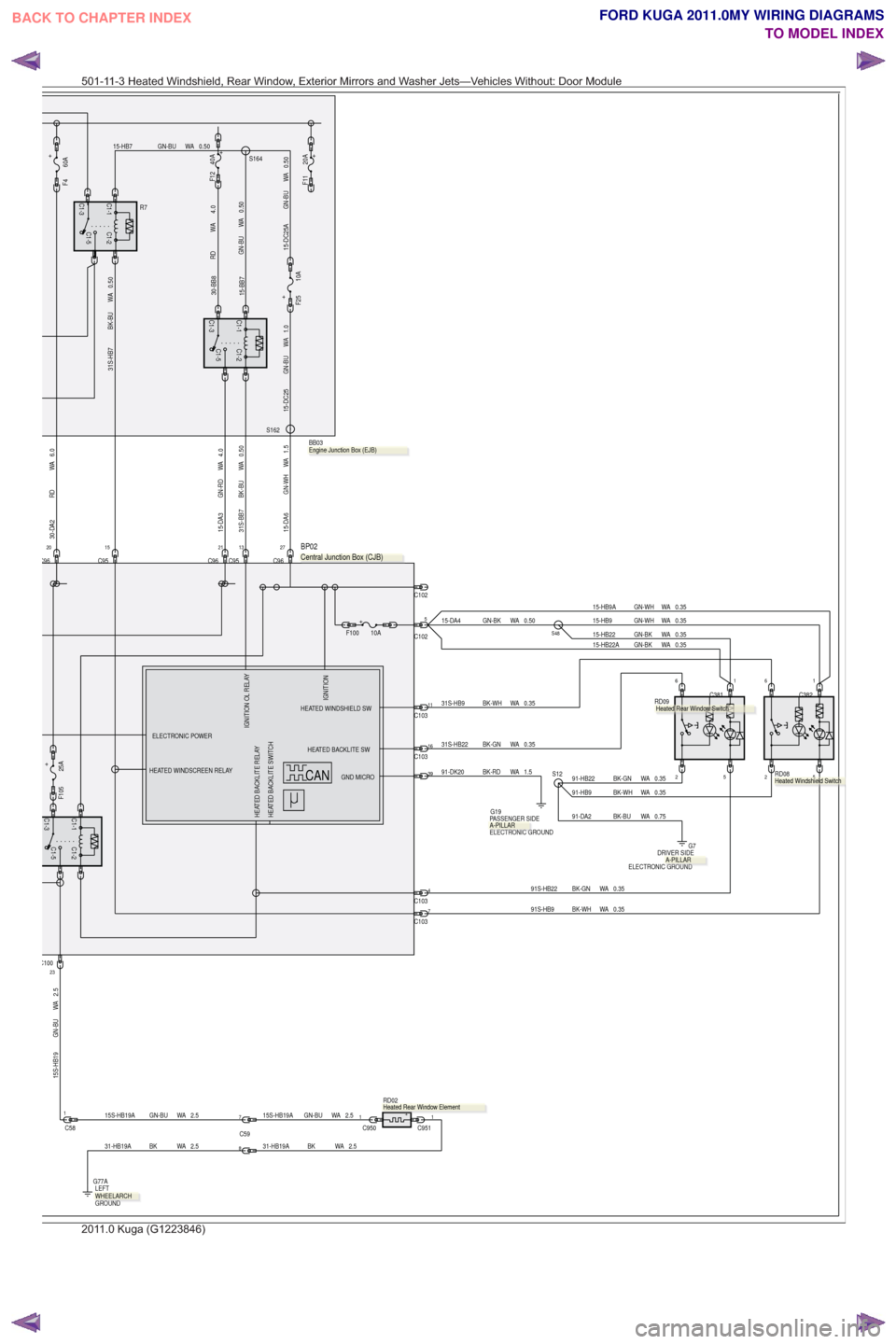 FORD KUGA 2011 1.G Wiring Diagram Workshop Manual 2.5
WA
GN-BU
15S-HB19
C1-5
C1-1C1-3
C1-2
23C100
2
C381
66
C382
0.35
WA
BK-GN
91-HB22
0.35
WA
BK-WH
31S-HB9C10311
0.35
WA
BK-GN
31S-HB2216C103
C9621C951520C96
6.0
WA
RD
30-DA24.0
WA
GN-RD
15-DA3
C102
C
