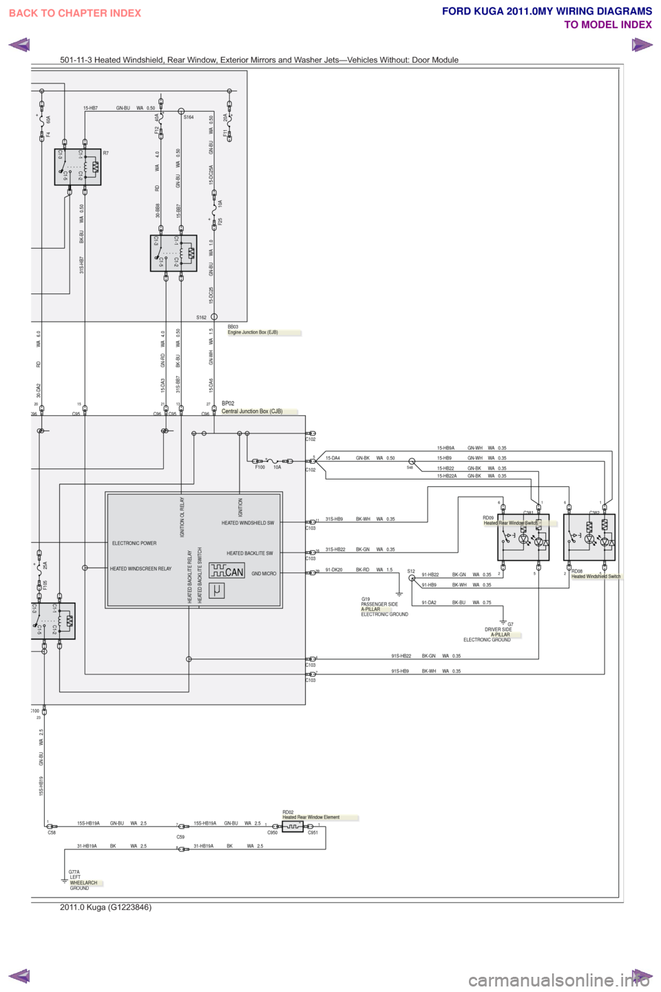 FORD KUGA 2011 1.G Wiring Diagram Repair Manual 2.5
WA
GN-BU
15S-HB19
C1-5
C1-1C1-3
C1-2
23C100
2
C381
66
C382
0.35
WA
BK-GN
91-HB22
0.35
WA
BK-WH
31S-HB9C10311
0.35
WA
BK-GN
31S-HB2216C103
C9621C951520C96
6.0
WA
RD
30-DA24.0
WA
GN-RD
15-DA3
C102
C