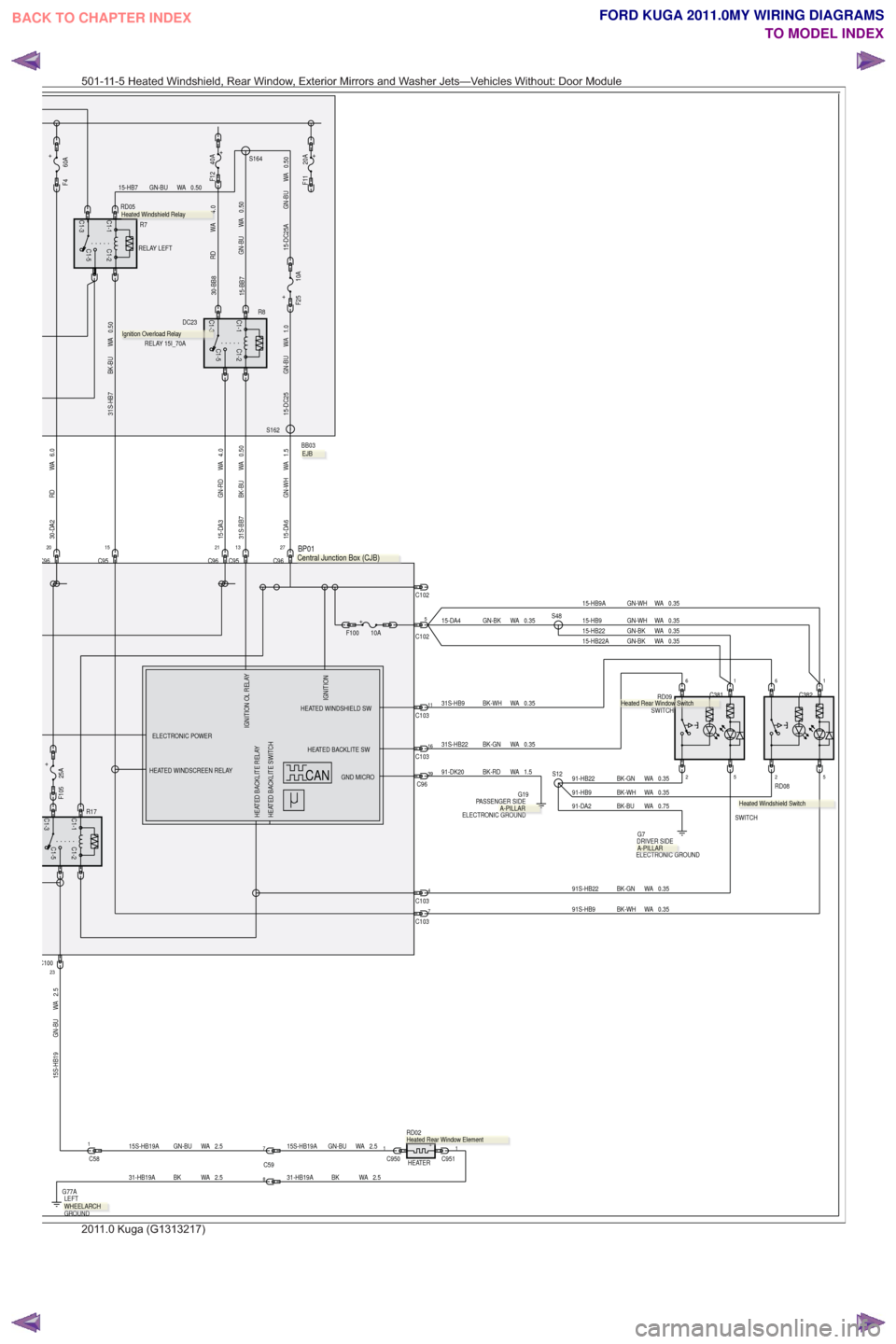 FORD KUGA 2011 1.G Wiring Diagram Owners Manual 2.5
WA
GN-BU
15S-HB19
C1-5
C1-1C1-3
C1-2
R17
23C100
2
C381
66
C382
0.35
WA
BK-GN
91-HB22
0.35
WA
BK-WH
31S-HB9C10311
0.35
WA
BK-GN
31S-HB2216C103
C9621C951520C96
6.0
WA
RD
30-DA24.0
WA
GN-RD
15-DA3
C1