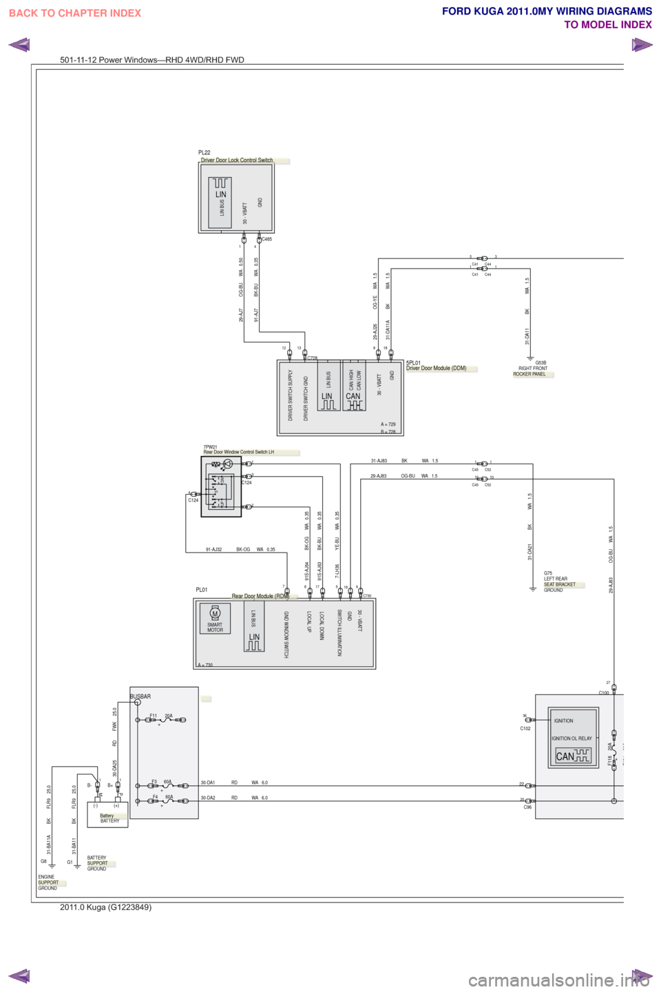 FORD KUGA 2011 1.G Wiring Diagram Service Manual BUSBAR
4C485
931-DA11A BK WA 1.5
0.35
WA
BK-BU
91-AJ7
1.5
WA
OG-YE
29-AJ26
3
2
C124
1
4C124
1791S-AJ63 BK-BU WA 0.3591S-AJ64 BK-OG WA 0.35
0.35
WA
BK-OG
91-AJ32
1.5
WA
OG-BU
29-AJ83
30-DA2 RD WA 6.0
1