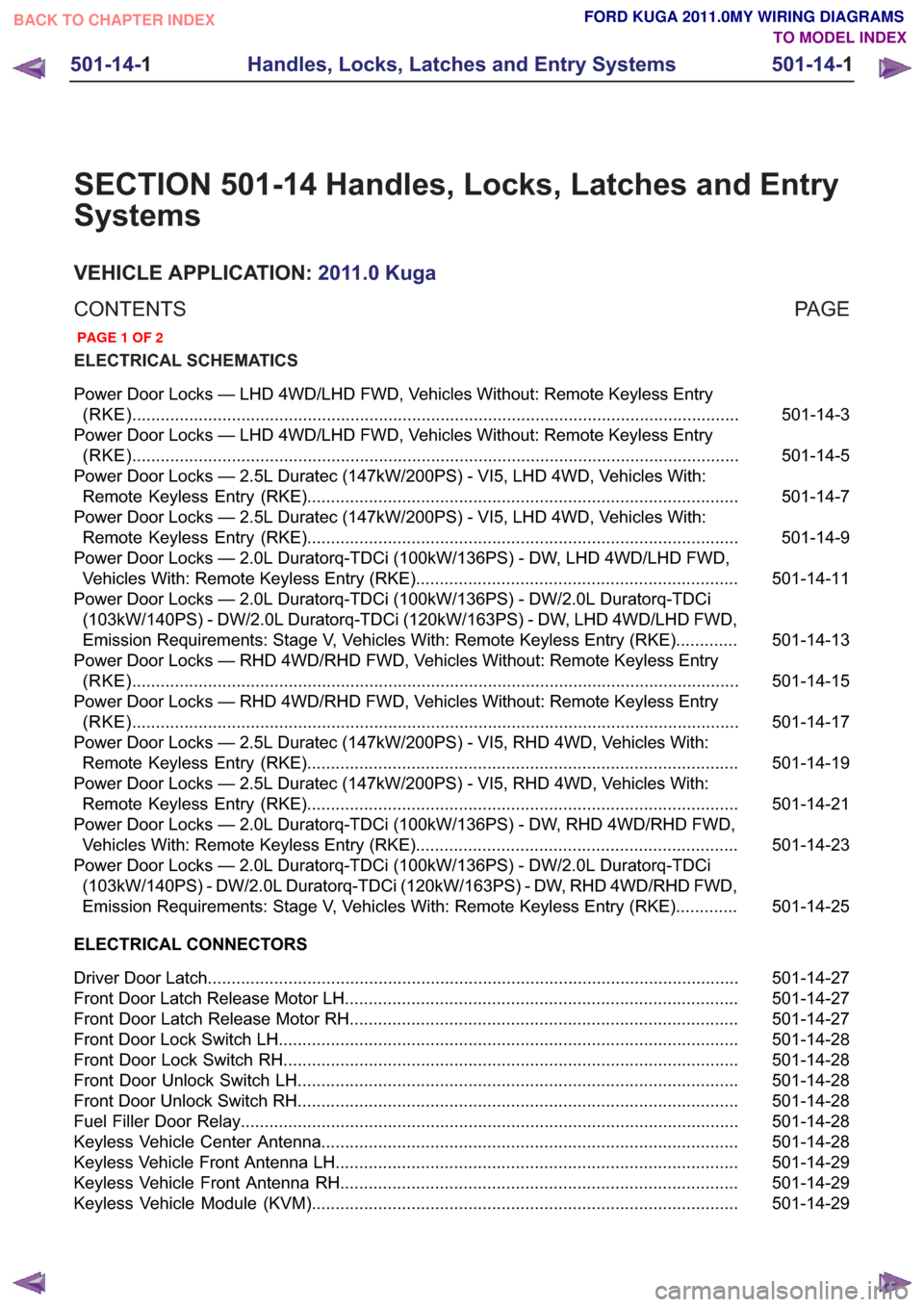 FORD KUGA 2011 1.G Wiring Diagram Workshop Manual SECTION 501-14 Handles, Locks, Latches and Entry
Systems
VEHICLE APPLICATION:2011.0 Kuga
PA G E
CONTENTS
ELECTRICAL SCHEMATICS
501-14-3
Power Door Locks — LHD 4WD/LHD FWD, Vehicles Without: Remote K FORD KUGA 2011 1.G Wiring Diagram Workshop Manual SECTION 501-14 Handles, Locks, Latches and Entry
Systems
VEHICLE APPLICATION:2011.0 Kuga
PA G E
CONTENTS
ELECTRICAL SCHEMATICS
501-14-3
Power Door Locks — LHD 4WD/LHD FWD, Vehicles Without: Remote K