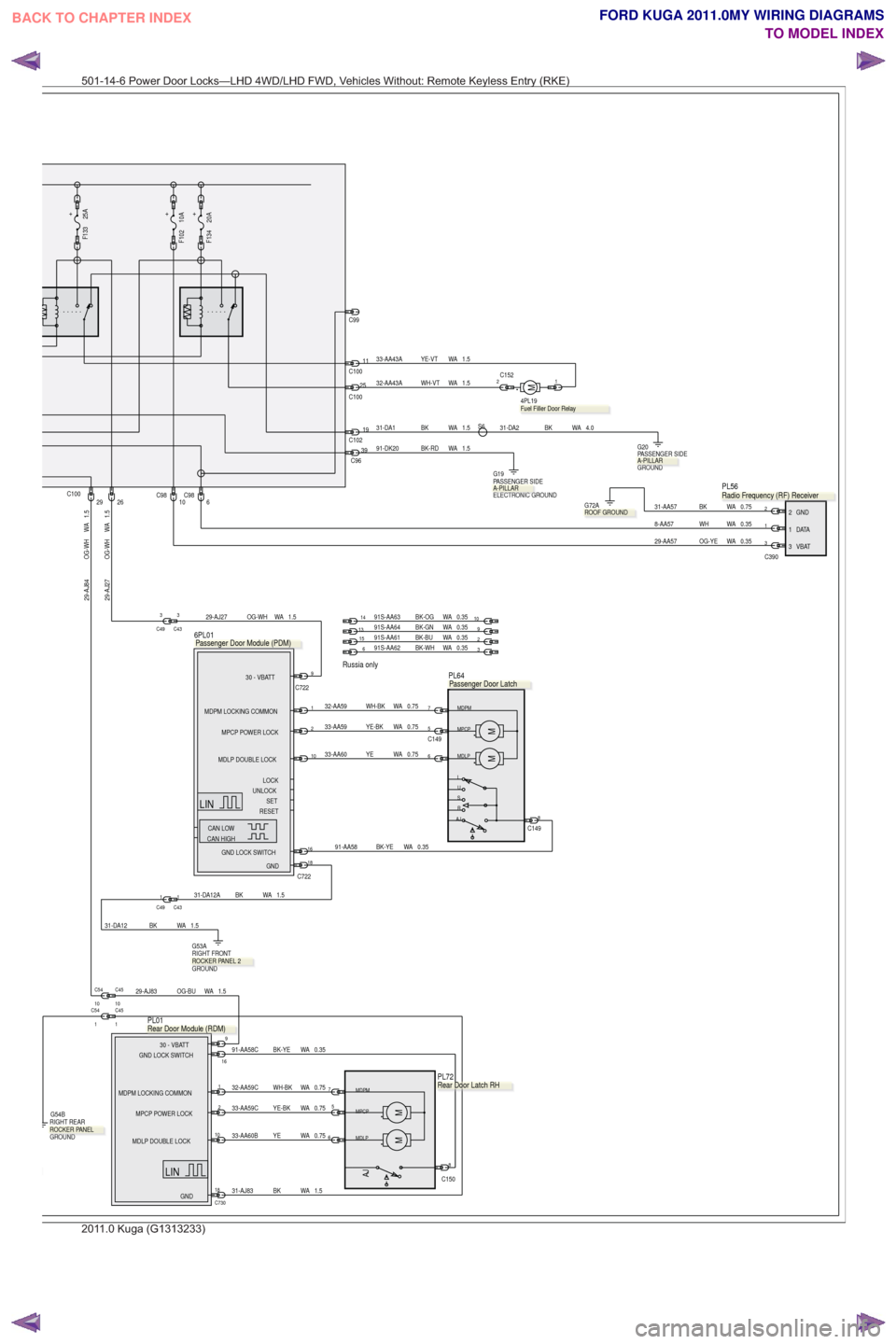 FORD KUGA 2011 1.G Wiring Diagram Owners Guide Russia only
29-AJ27 OG-WH WA 1.5
29-AJ27 OG-WH WA 1.5
C1001125
C100C15221M4PL19 .
1.5
WA
WH-VT
32-AA43A
31-DA12 BK WA 1.5
33-AA43A 1.5
WA
YE-VT
31-DA12A BK WA 1.5
0.75
WA
WH-BK
32-AA59
0.75
WA
YE-BK
3